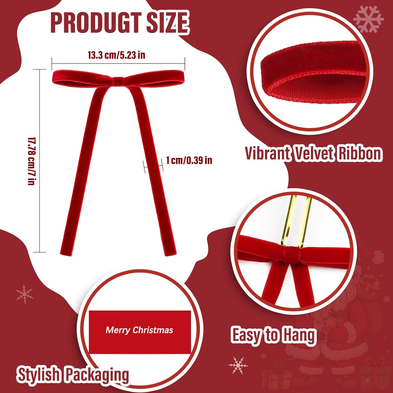 Breezy Valley Red Velvet Bows for Christmas Tree Decorations Ribbon 24 Pcs - Velvet Christmas Ribbon Bows for Tree, Rustic Premade Bow for Xmas Trees Wreath Garland Vintage Home Decor, 5x7 Inch, 3/8" - Image 3