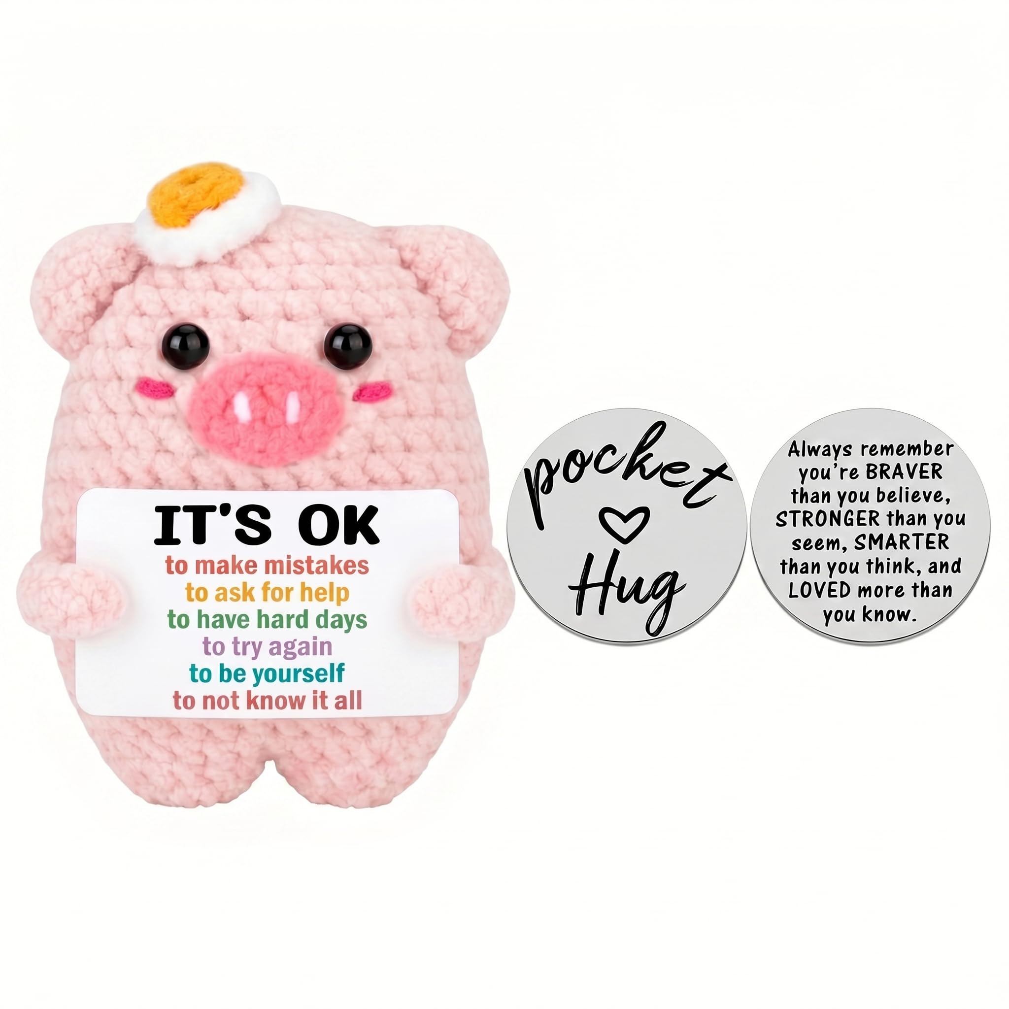 Zirax Women's Pink Funny Positive Pig For Men, Handmade Crochet Emotional Support Piggy With Encouraging Quote Token, Cute Desk Decor Good Luck Charm For Exam Stress Relief