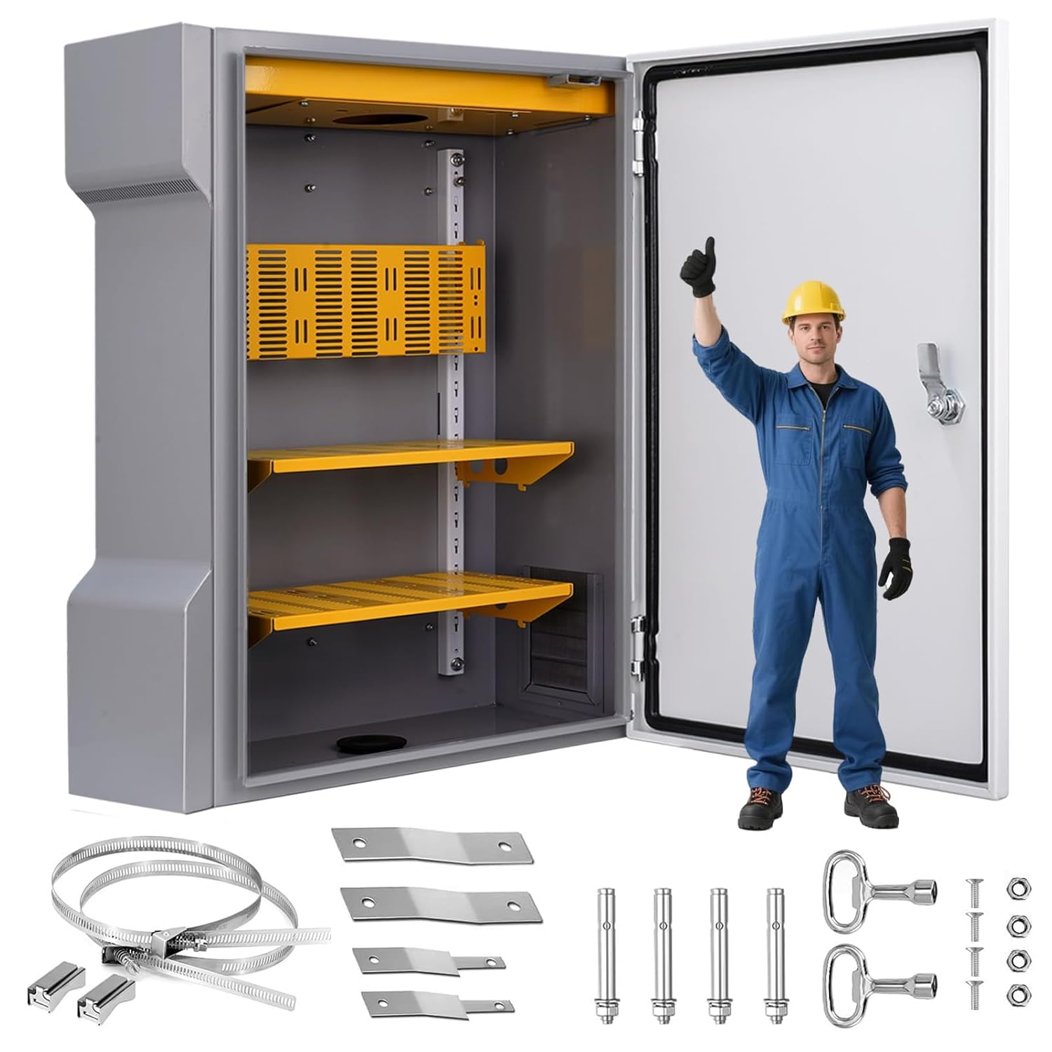 JUEDIFX IP67 Waterproof Outdoor Electrical Junction Box - Large 23.6x17.7x7.9 Metal Enclosure with Vents, Mounting Panel & Knob-Lock