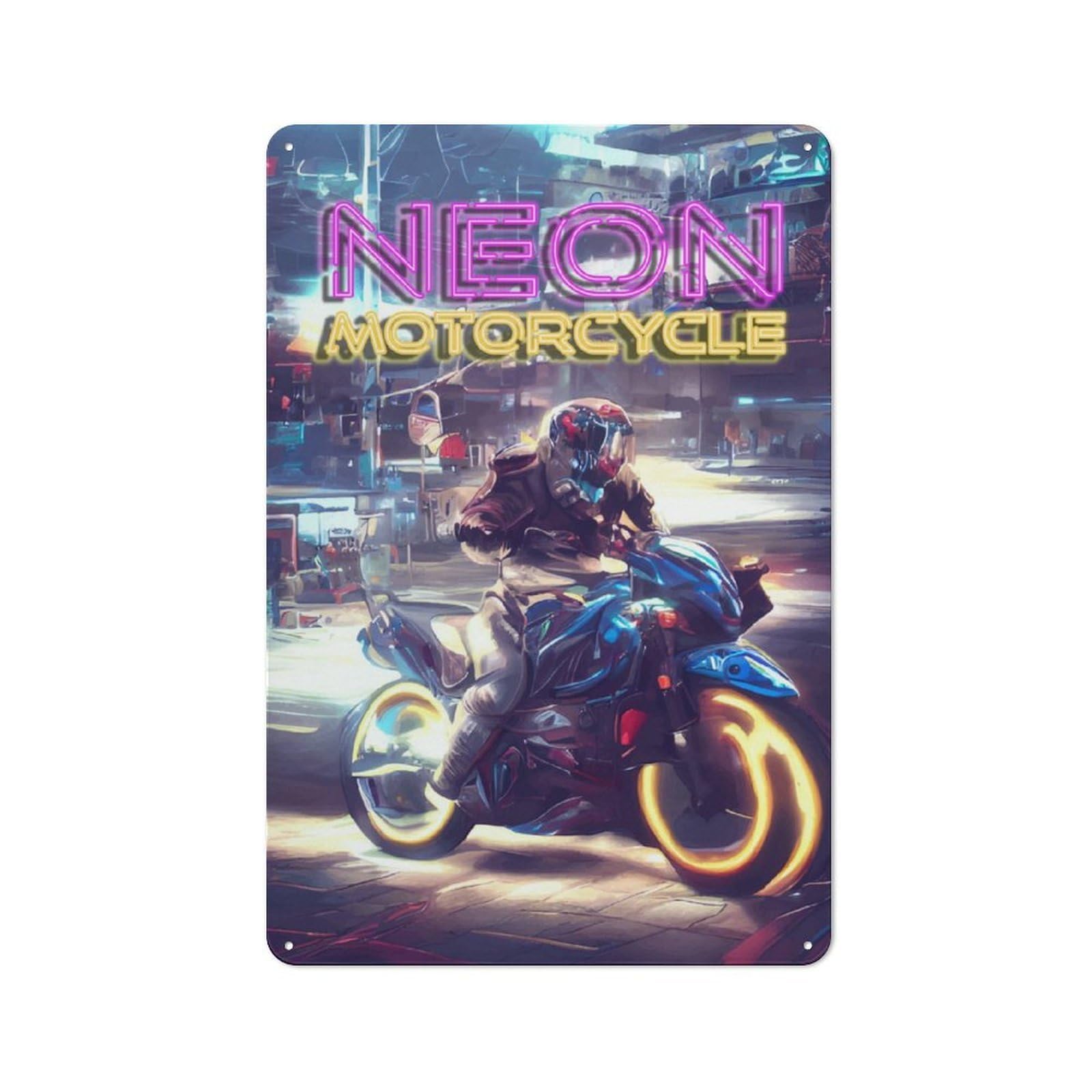 Junmoney Retro Neon Motorcycle Tin Wall Plaque 30X20cm With For Hallway Wall, Suited To Wall Displays In Hallways And Entrance Areas
