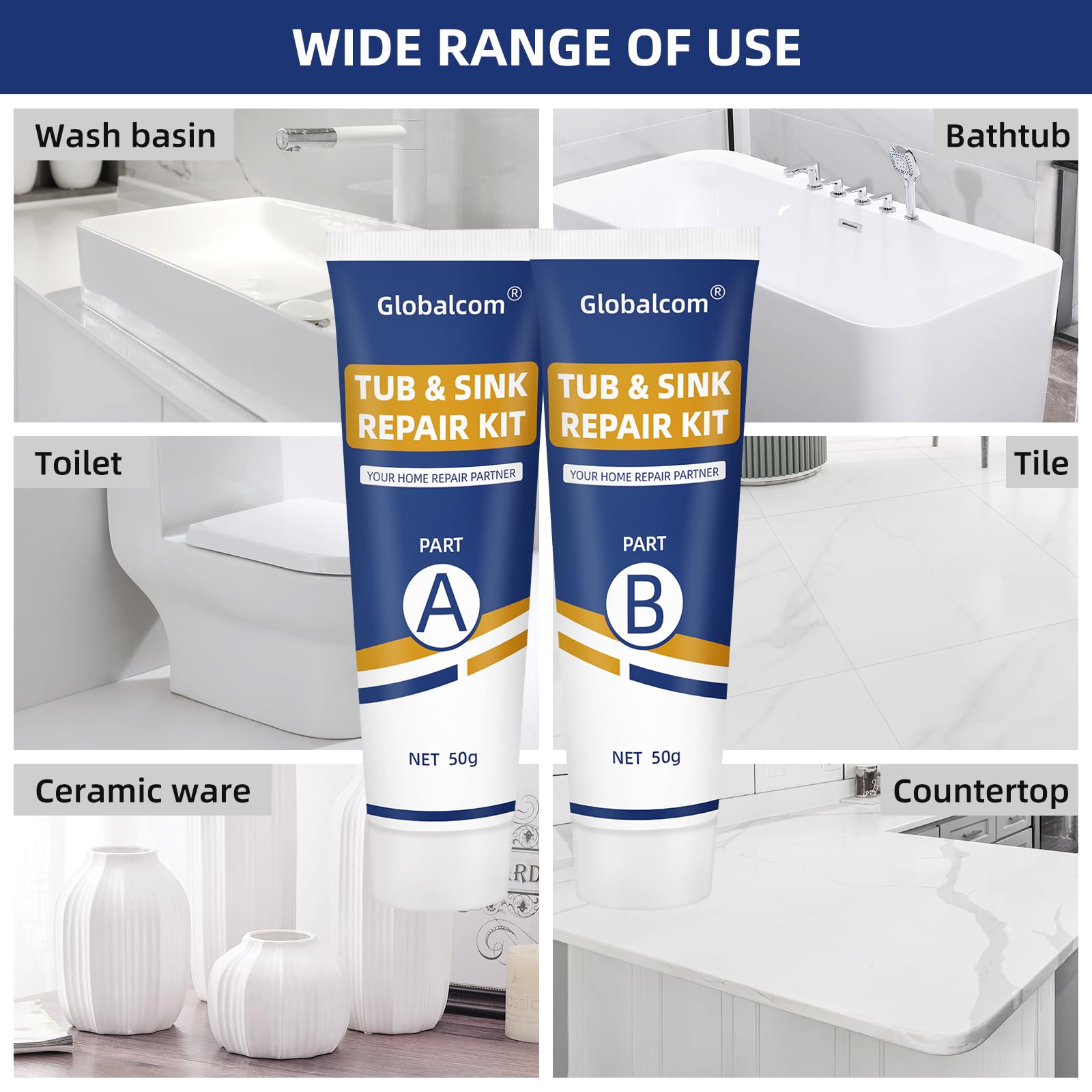 Kit de reparación de bañera, kit de reparación de bañera de fibra de vidrio y fregadero de porcelana, acrílico, esmalte, cerámica, azulejos de inodoro, ducha, reparación de grietas, fragmentos