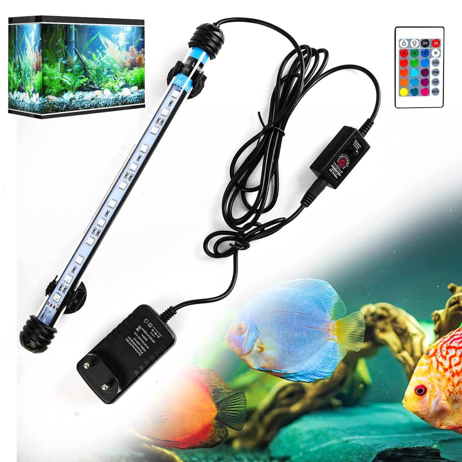 Izrielar Lámpara de Acuario LED, Iluminación para acuarios LED, 11W Lámpara de Acuario RGB, IP67 Impermeable, Universal Fit Lámpara de Acuario, para pecera, plantas de acuario, EU Plug