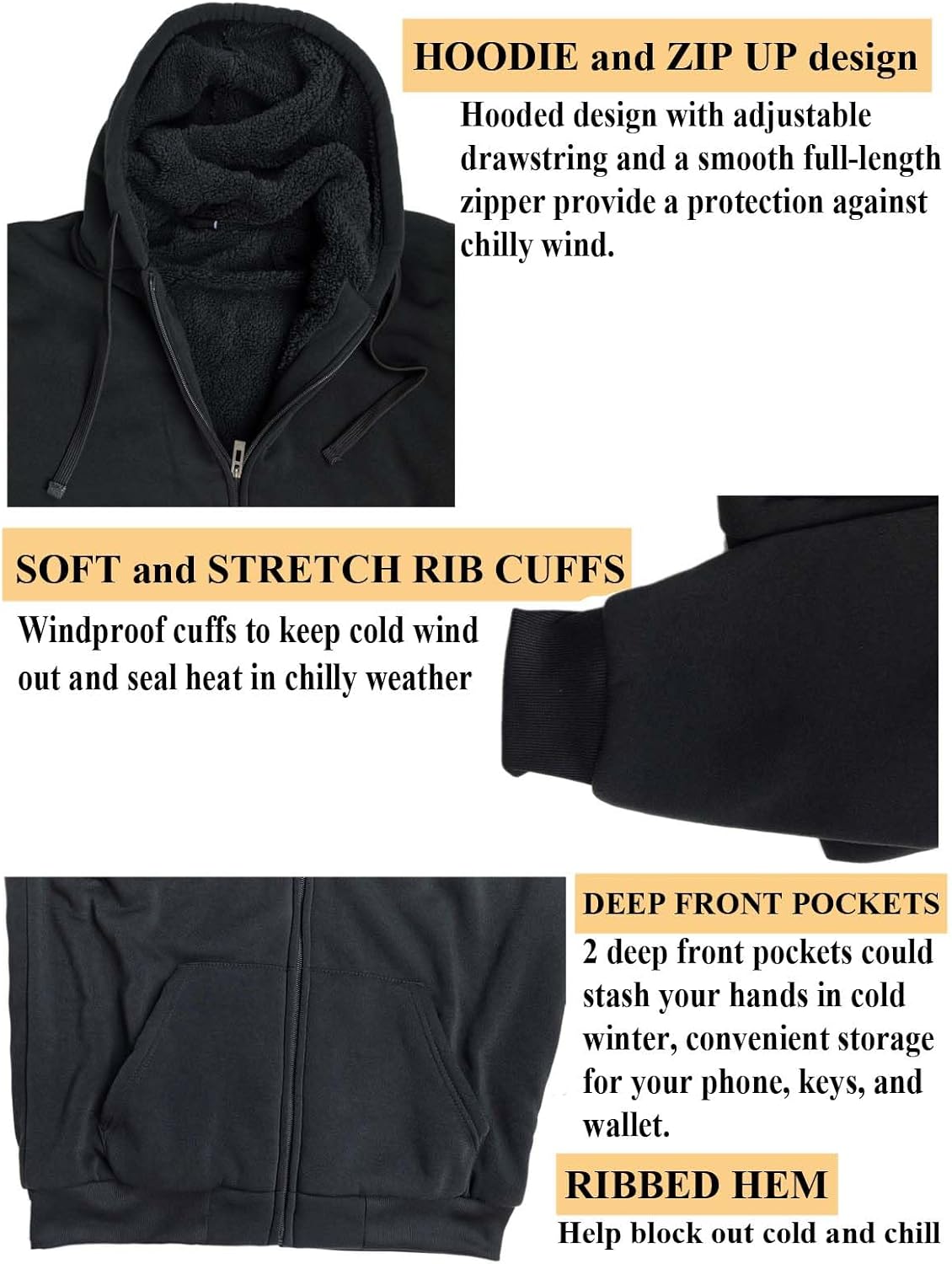 ZeroStage Heavyweight Full Sherpa Fleece Lined Hoodies for Men Zip Up Jacket, Winter Thick Sweatshirt - Image 3