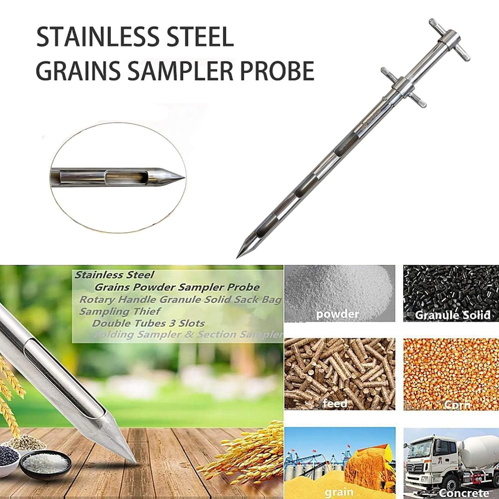 Muestreador De Sonda De Grano Muestra Sólida De Acero Inoxidable Muestreador De Agricultura Fertilizante De Cemento Muestreador De Ranura Para Sonda De Muestreo Sólido(diámetro 25 mm(Size:1.5m/4.9ft)