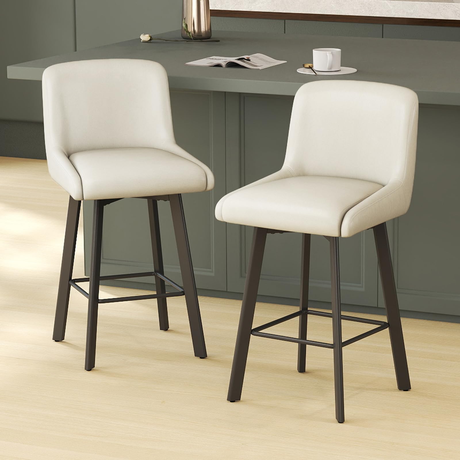SAECKBERG Swivel Bar Stools, 26''H Upholstered Barstools with Backs, Modern Counter Height Bar Stool Chairs for Kitchen Island, Metal Legs (Beige-