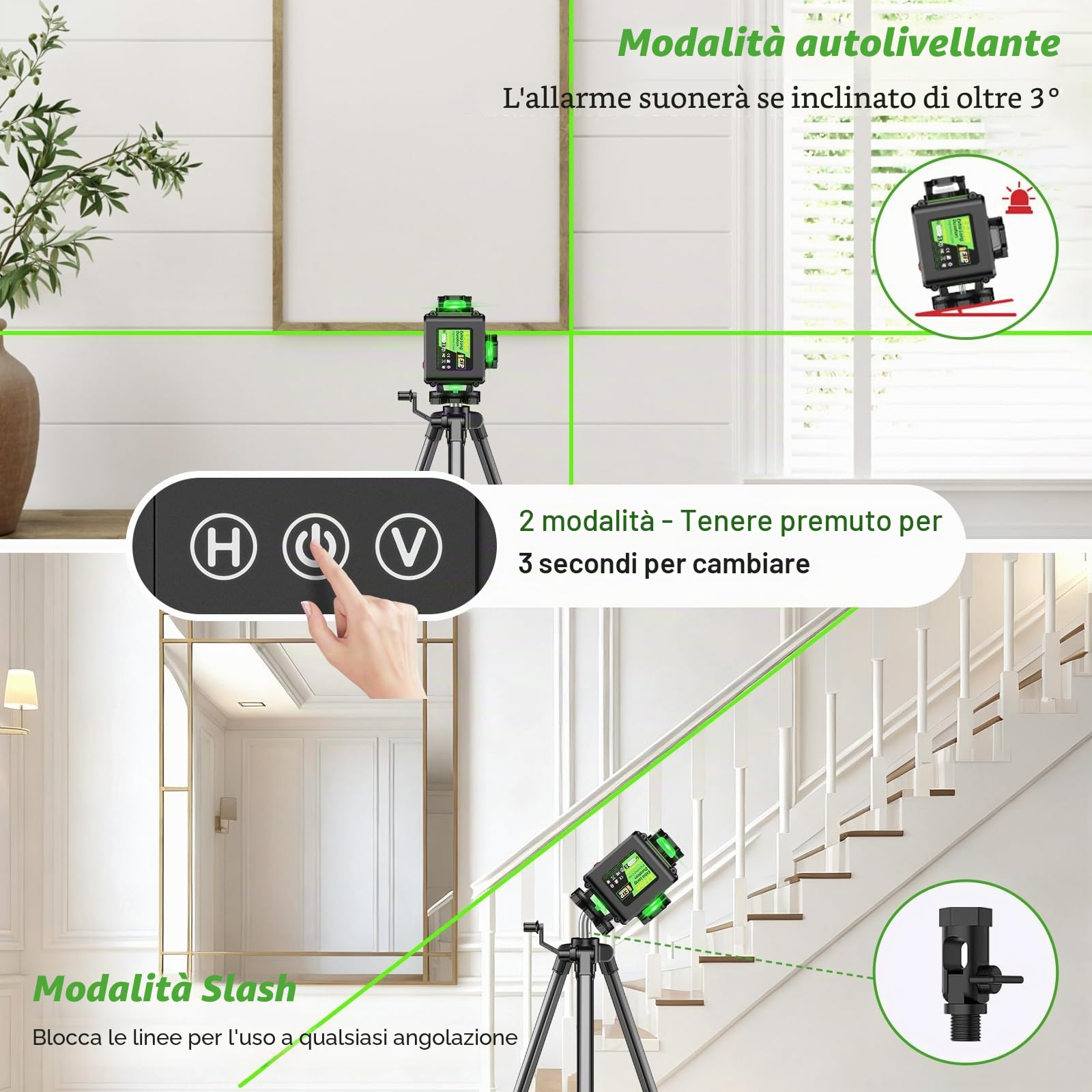 Livella Laser con Treppiede,Livella Laser Autolivellante 360 con 2x4800mAh Batterie & Indicatore LED, 4X 360 °Livello Laser,16 Linee Laser Verde/APP/Telecomando/IP54 Impermeabile