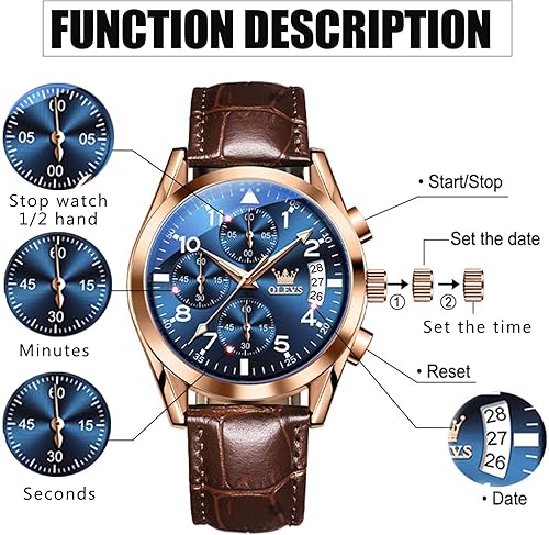 Miniatura 5 de OLEVS Relojes de hombre de cuero marrón con fecha, relojes casuales para hombre, relojes de cara grande para hombre, cronógrafo para hombre, reloj