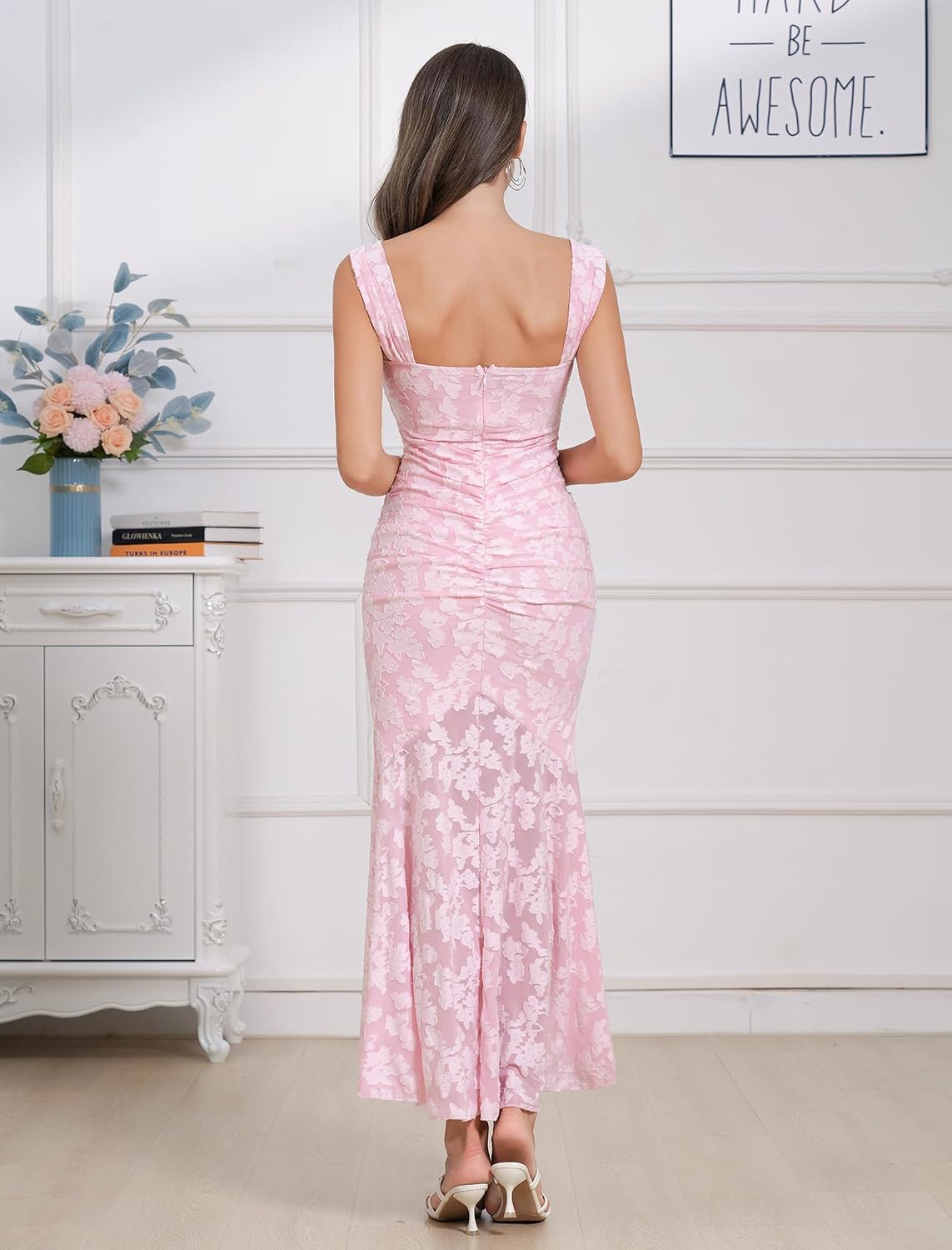 Womens Floral Jacquard Ruched Mermaid Hem Bodycon Cami Maxi Dress Going Out Party Dress Summer