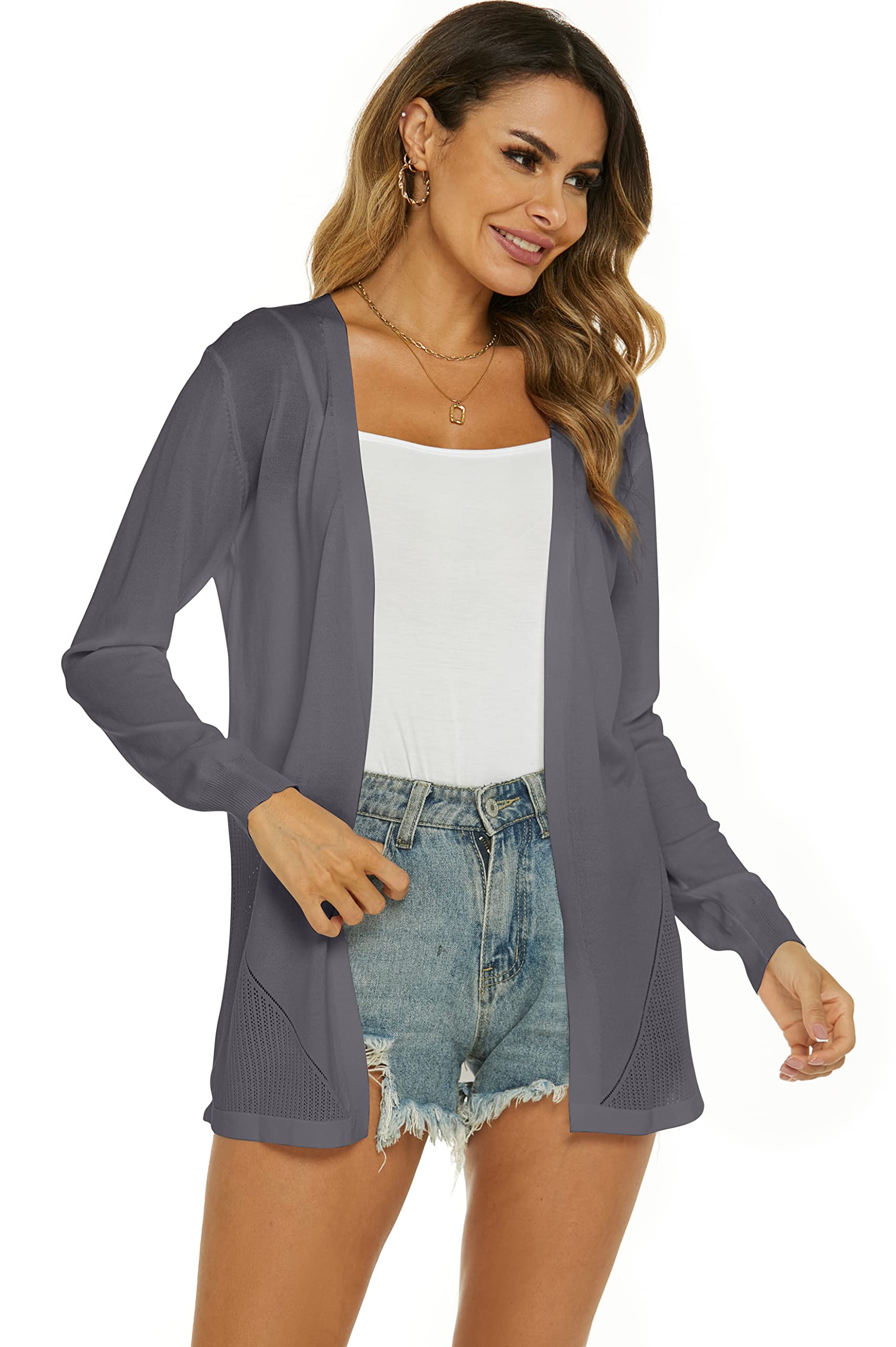 Gilet Long Femme Été Cardigan Veste Tricot Léger Manches Longues Gilet Elégant Ouverte Cardigan