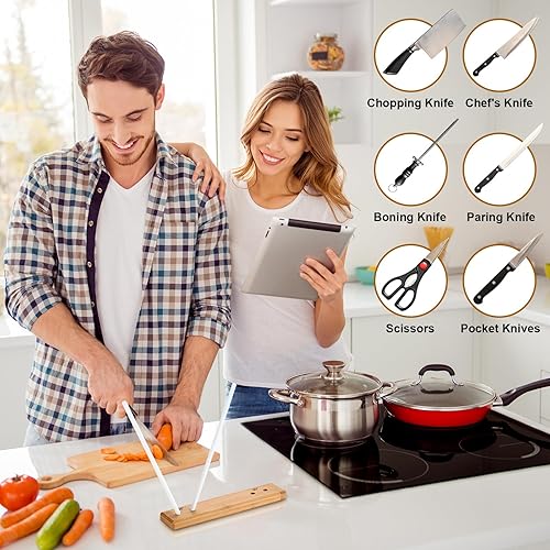 Miniatura 6 de Feekoon Varilla afiladora de cuchillos Crock de 8.7 pulgadas, de bambú, 2 varillas, caja de giro, afilador de cuchillos de cerámica, varilla de