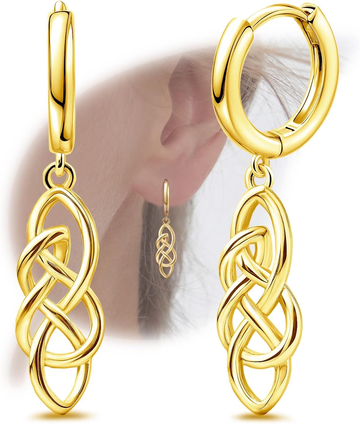 Celtic Knot Earrings for Women - Sterling Silver Gold Hoop Earrings for Women Trendy Hypoallergenic Long Loop Earrings with Dangling Charm for Sensitive Ears Classic Fashion Earring Gift for Christmas