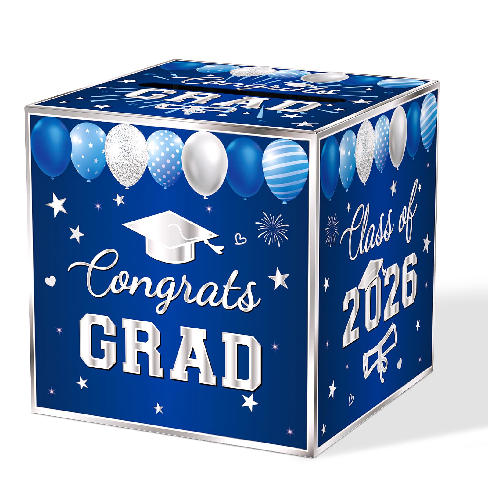 Blue Graduation Congrats Card Box, Class of 2026 Navy Blue Silver Graduation Party Decorations Money Card Boxes Holder, Graduation Gift Card Box for Grad Parties Supplies 8.7 x 8.7 x 8.7 Inch
