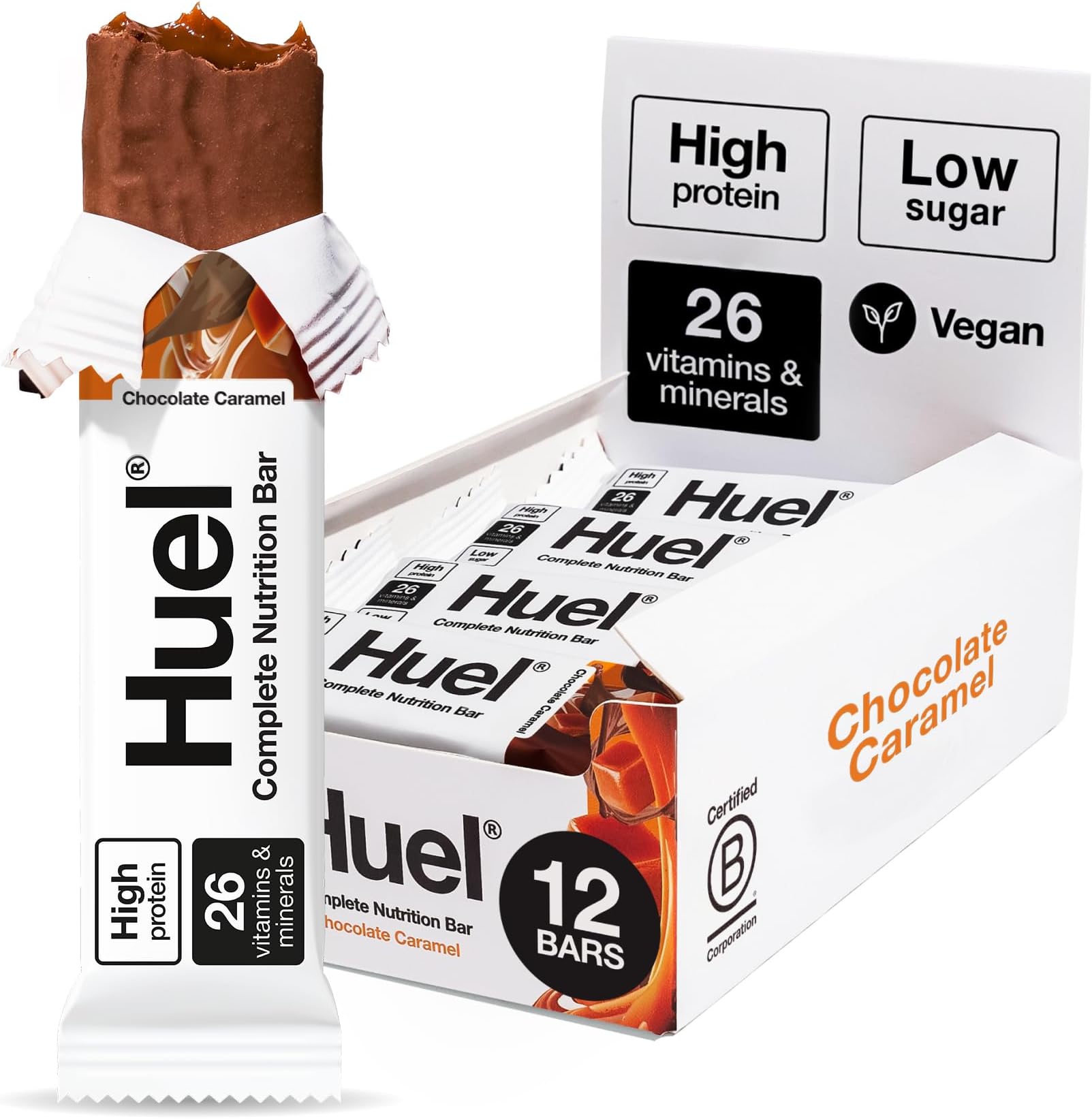 Complete Nutrition Bar, 12 x 51g Bars, Chocolate Caramel, High Protein Bar, Plant-Based Protein Bars, Low Sugar, High Fibre, High-Protein Snack with Vegan Chocolate, Under 200 Calories