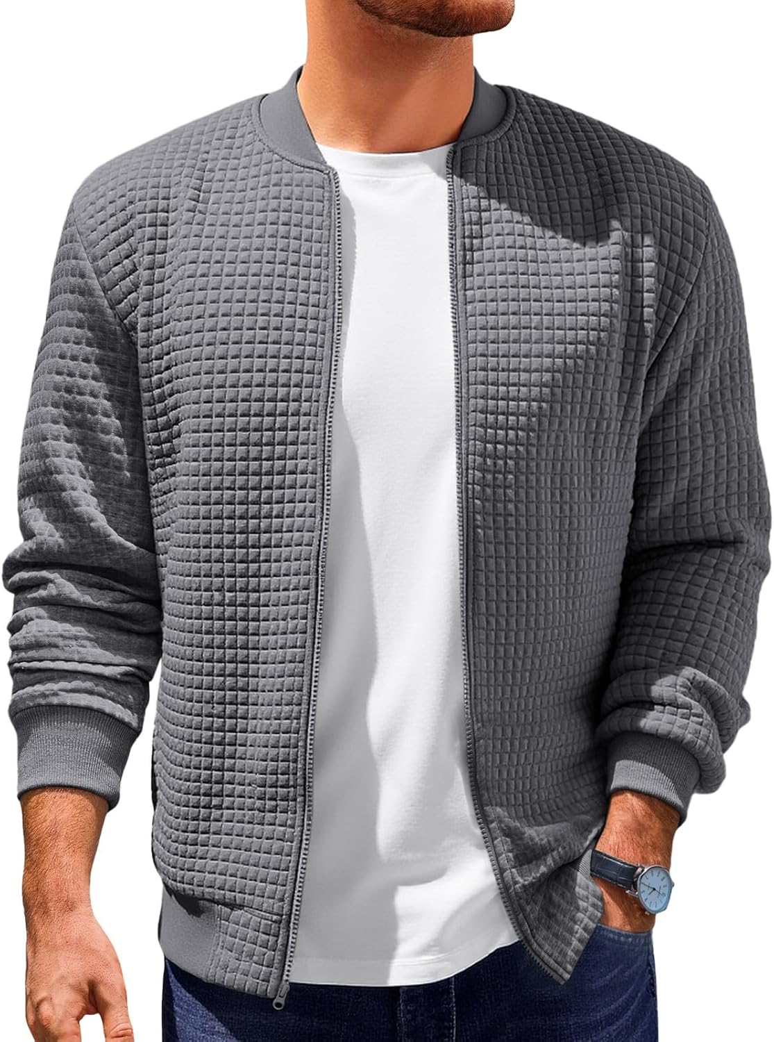 Runcati Mens Bomber Jacket Casual Lightweight Varsity Jackets Waffle Full Zip Coat