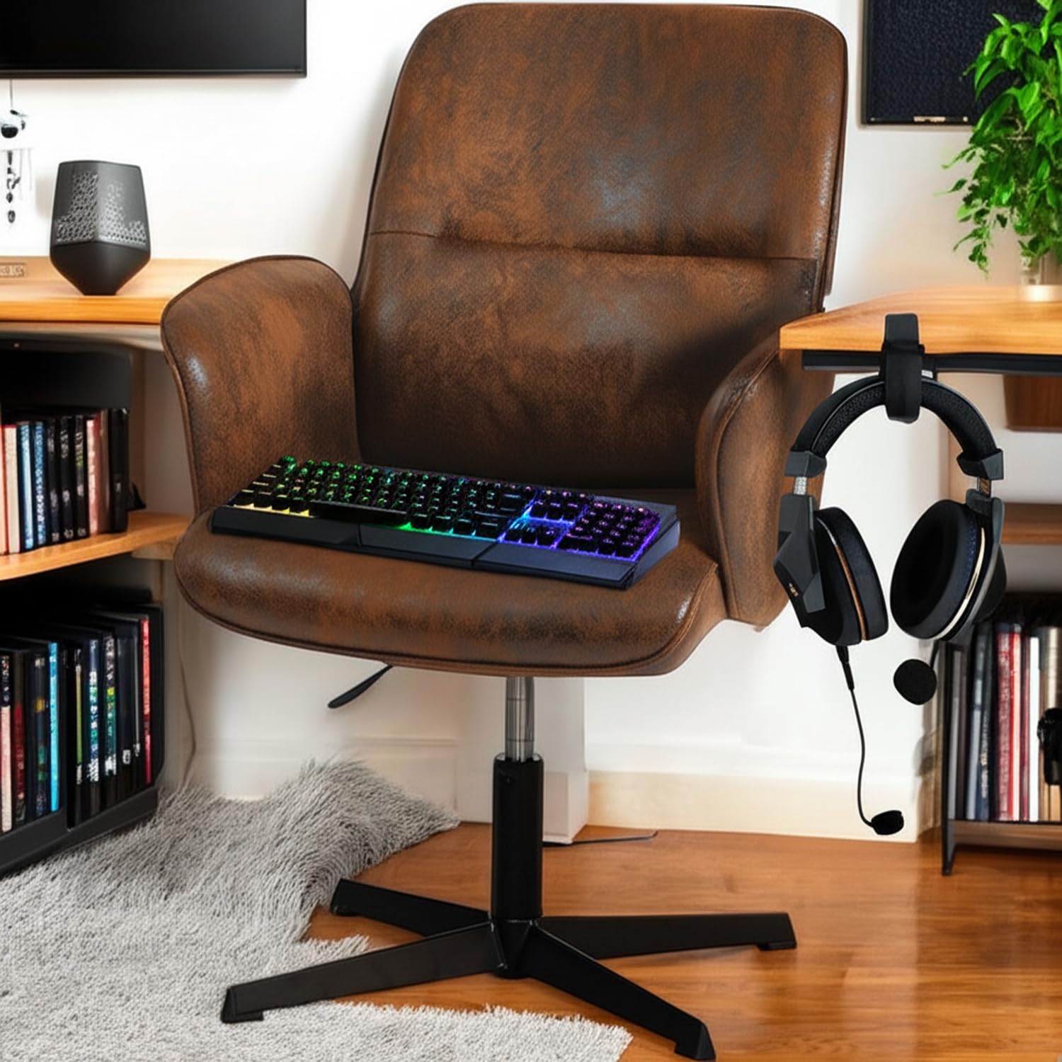 Furnish Krzesło do gier, brązowe, zamszowe, z regulowaną wysokością i obrotem o 360°, do pokoju rekreacyjnego, ergonomiczny fotel z wyściełanym oparciem, do sypialni bez kółek, pojemność 113 kg