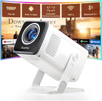 Officially-Licensed App & Auto Vertical Keystone XuanPad Mini White Smart Projector, WiFi 6 Bluetooth 5.4, Full HD 1080P Portable Projector with 210  Stand, Compatible with Smartphone