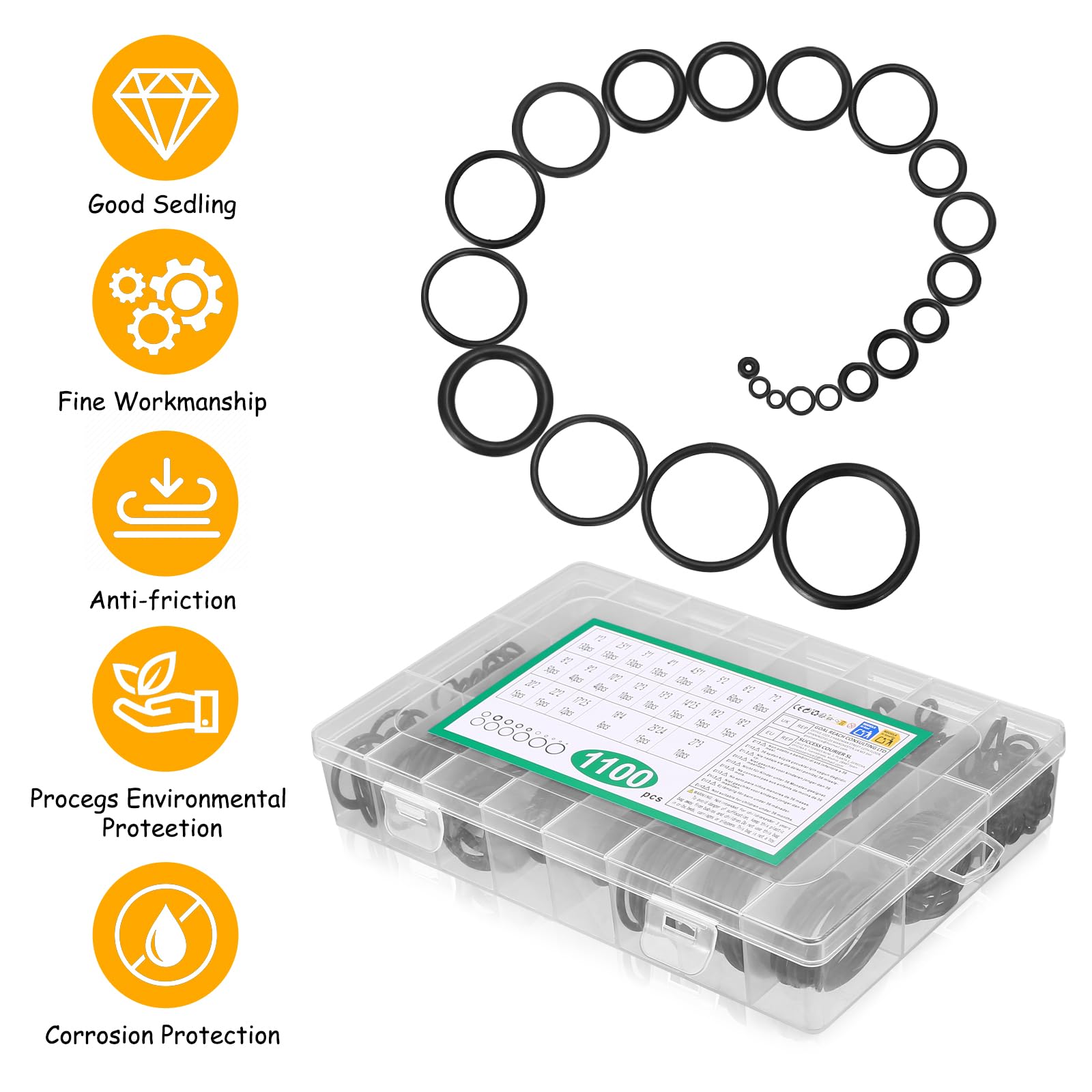 1100 Pcs Juntas Tóricas de Goma, O-Ring Kit para Reparación de Grifos Automotrices y Plomería