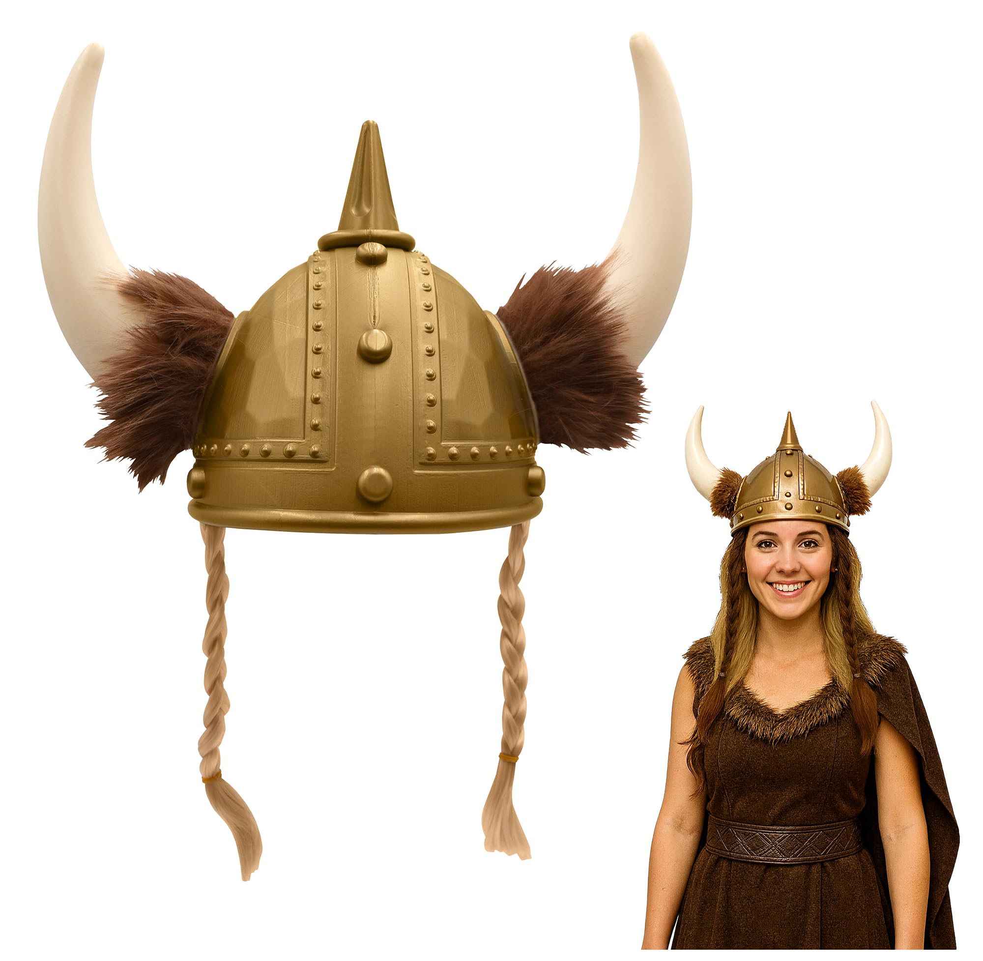 Adult Gold Viking Helmet with Horns & Braids - Plastic Norse Barbarian Warrior Hat - Cosplay Halloween Costume Accessory