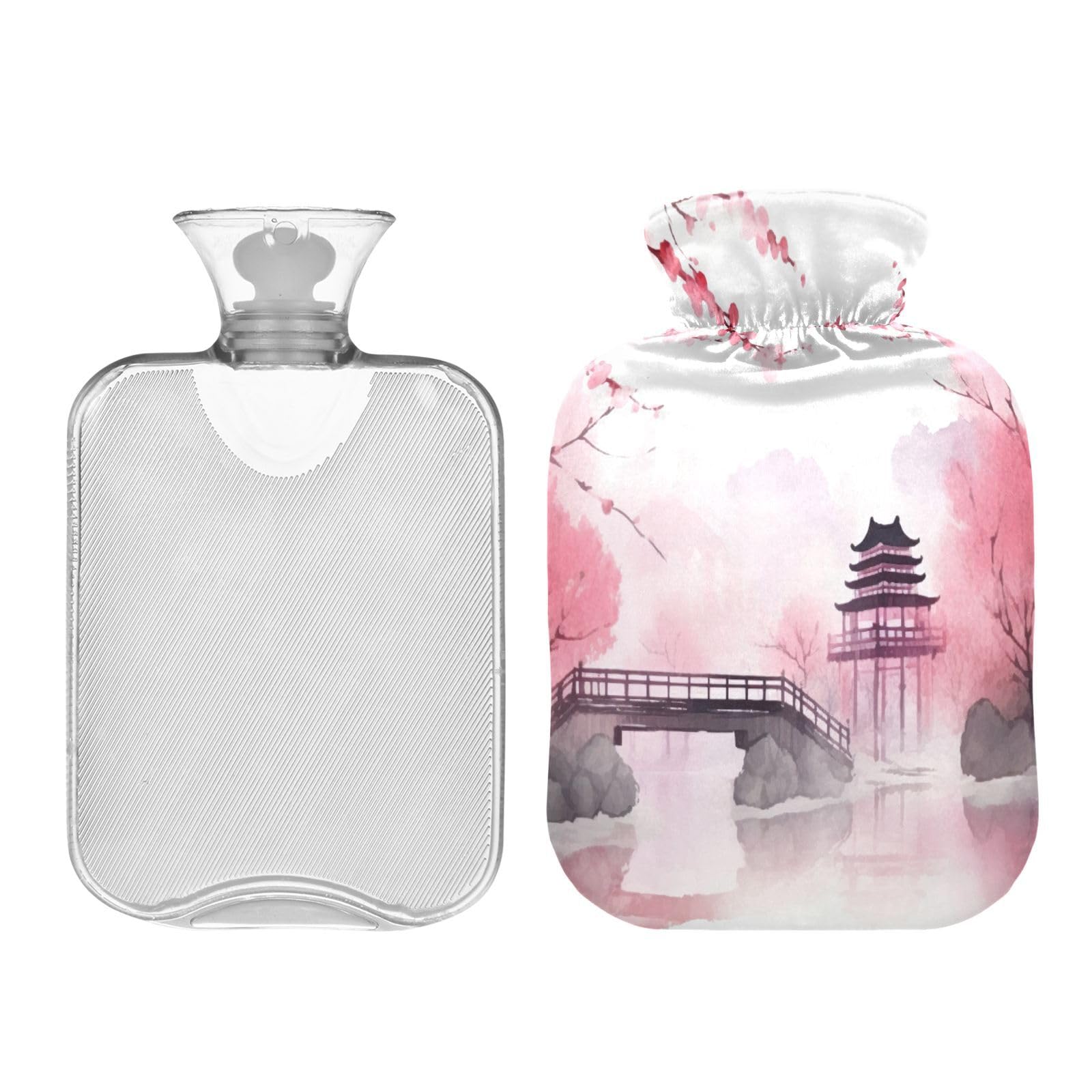 Hot Water Bottle with Pretty Cover, Hot Water Bag Great for Pain Relief, Keep Warm and Menstrual Cramp-2L (Pink Blossom Sakura Bloom 1)