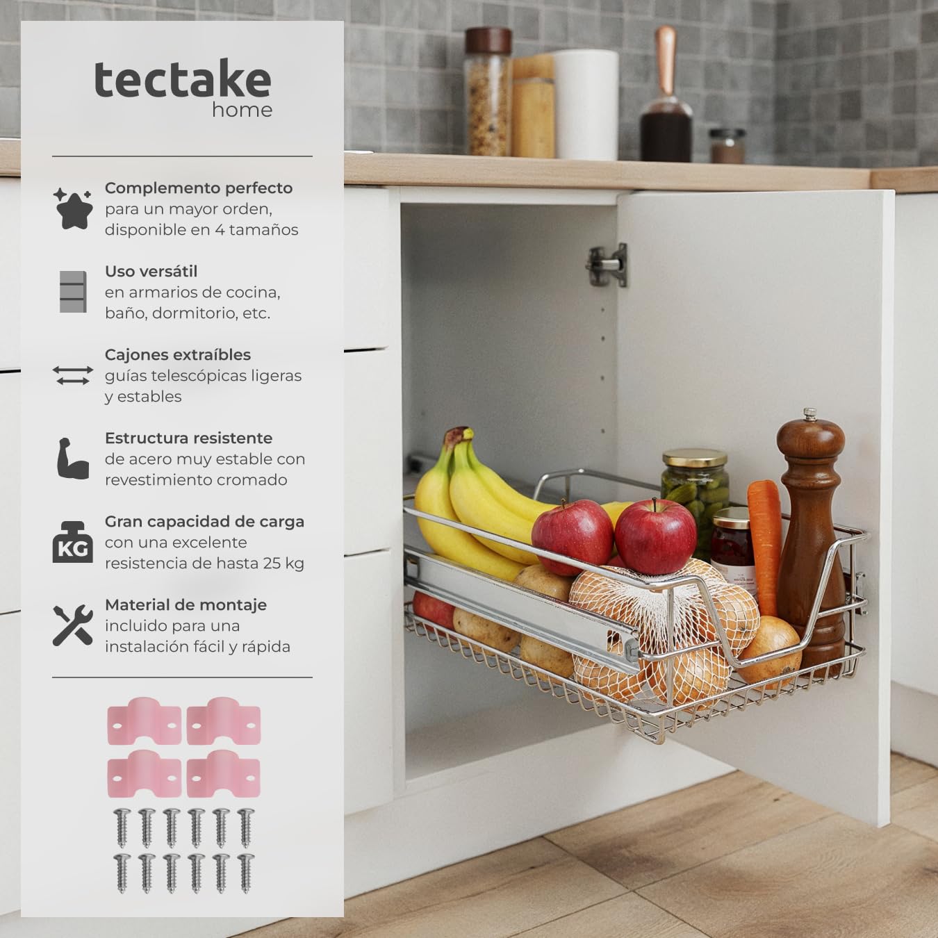 tectake® Cajón Telescópico, Bandeja Extraible Armario, Rieles Extensibles, Organizador Cocina, Organizador Armario Cocina, Cajon Telescopico Cocina - 2 Cajones, Apto para armarios de 30 cm