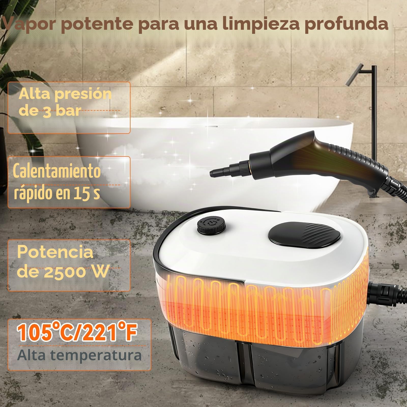 Limpiador a vapor, 2500 W, 3 bar, limpiador a vapor de mano, 1400 ml, depósito de agua, 15 segundos, 3 velocidades, 6 cabezales de cepillo para cocina, ventanas, piso, baño, coche