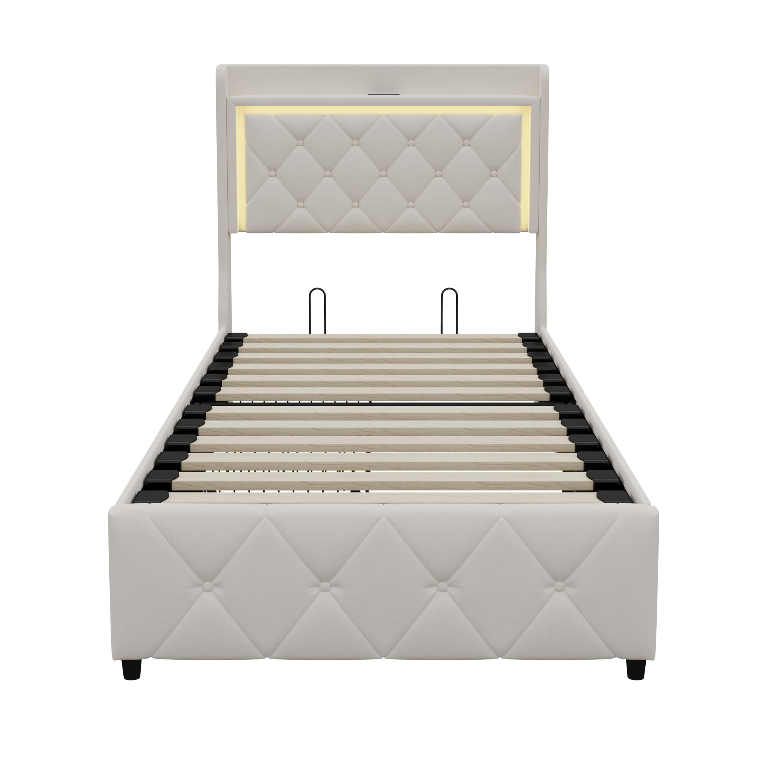 Letto imbottito singolo, 90 x 200 cm, con LED e USB, per bambini con 2 cassetti, con testiera e rete a doghe, in velluto, senza materasso (beige-B)
