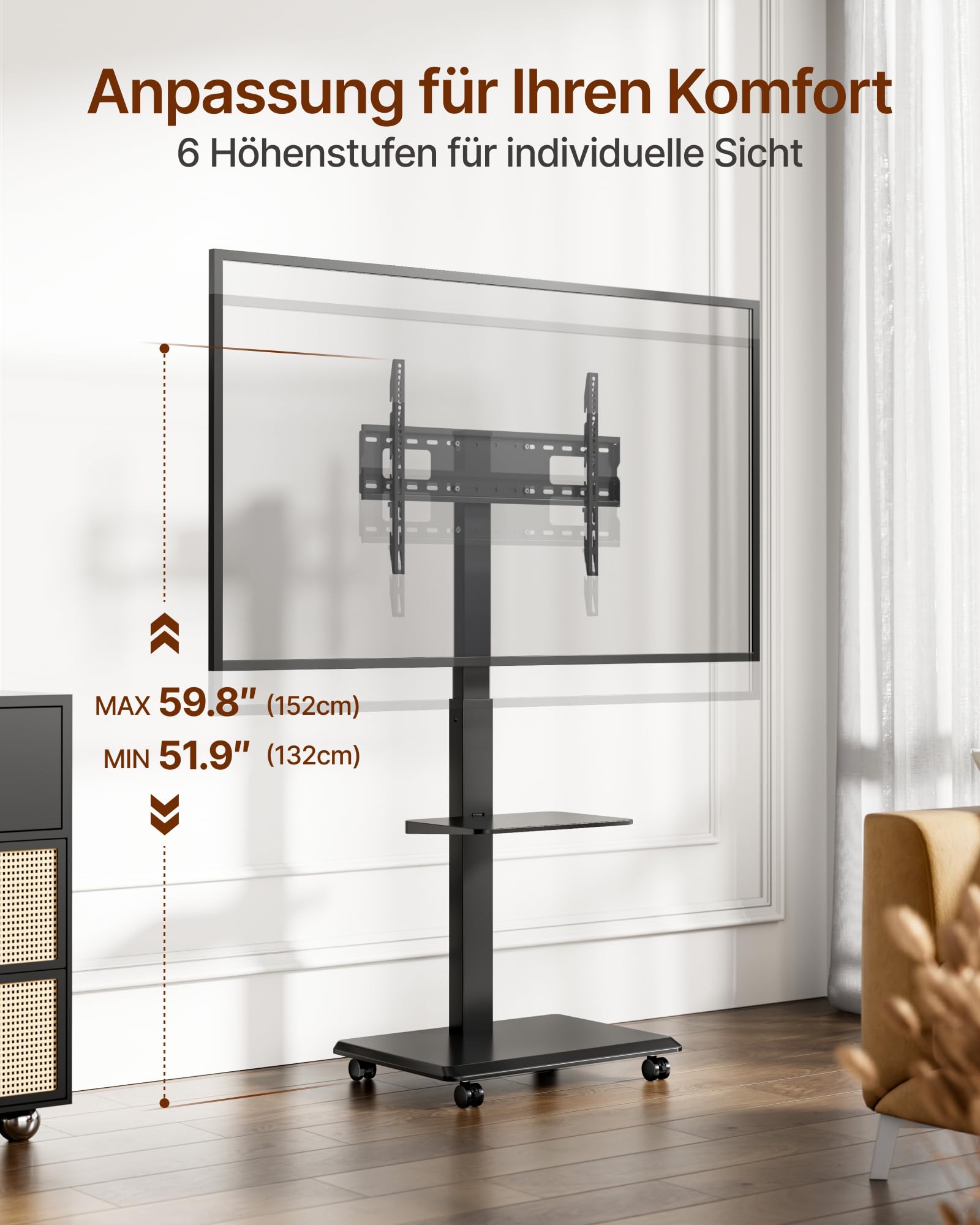 TV Ständer Rollbar aus Stahl für 37-75 Zoll Fernseher bis zu 50kg, Schwenkbar Fernsehständer Höhenverstellbarer mit Ablage, TV Bodenständer mit Versteckter Kabelverwaltung, VESA 600 x 400mm
