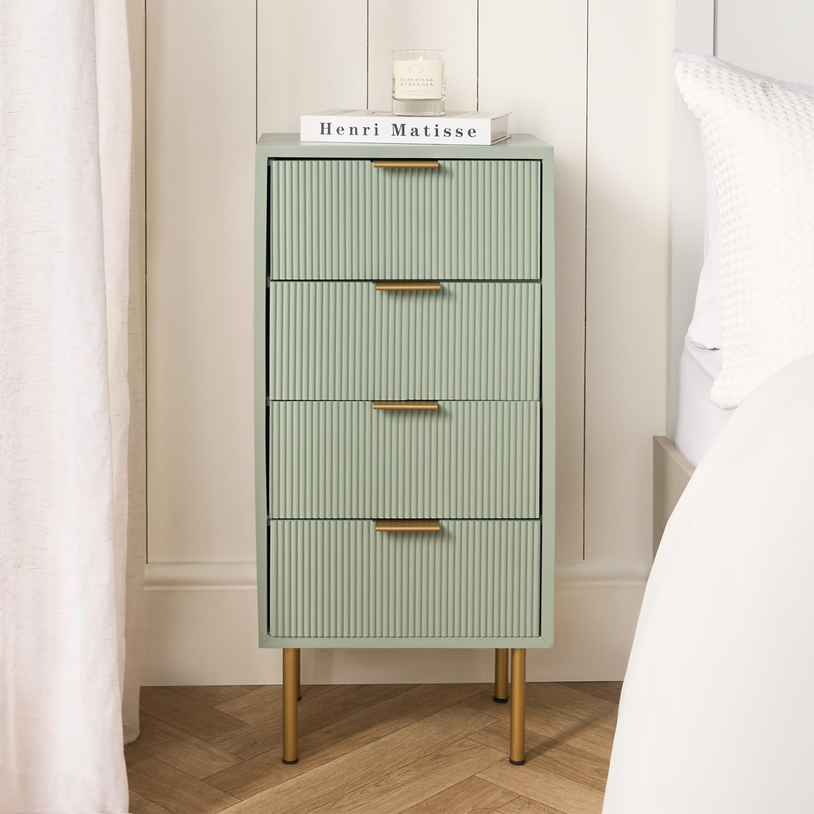 OHS Ribbed Bedside Table 4 Drawers, Ribbed Decorative Wood Bedside Table Sleek Storage Modern Bedside Tables for Bedroom Living Room Home - Sage Green, 78 x 36 x 24cm — image 1