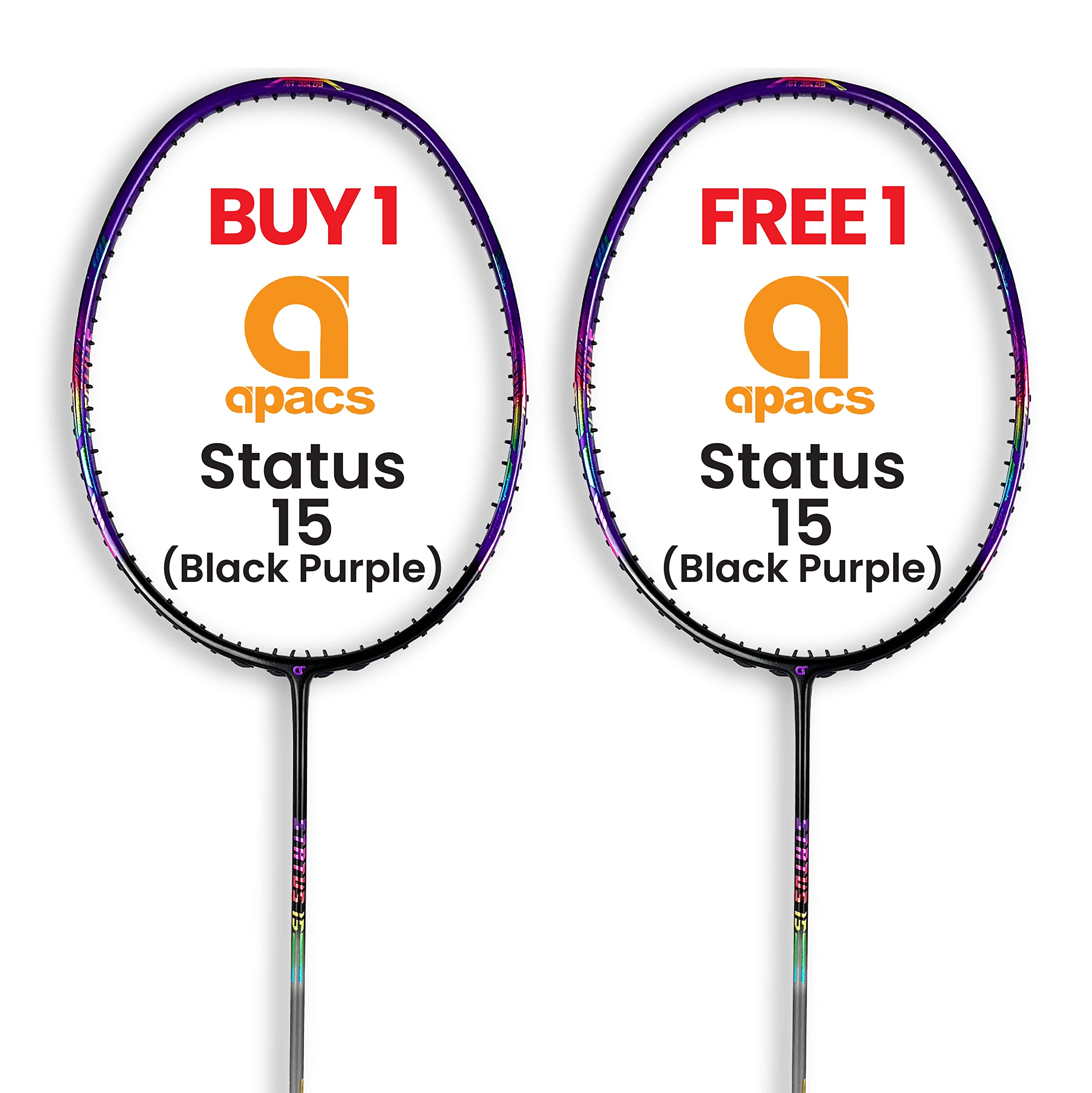 Apacs-Sports Status 15 Black Purple Badminton Racket (4U) - Quad Balance Slim Frame, 6.8mm Extra Slim Shaft, Buy 1 Free 1 (2X Frame)