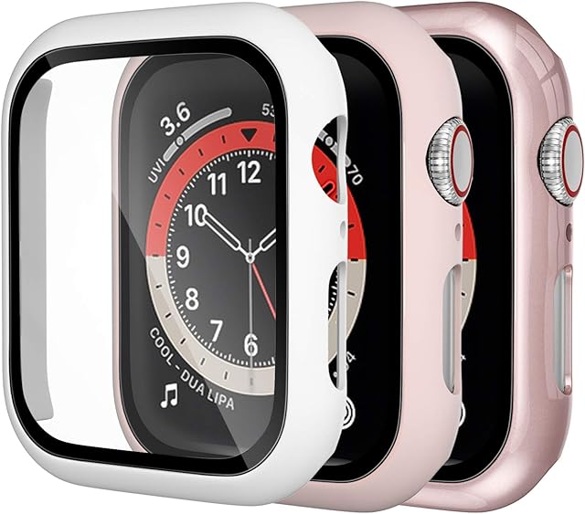 Dirrelo 3 Pack PC Case Compatible with Apple Watch Series 6/5/4/SE 40mm Tempered Glass Screen Protector, Full Cover Thin All-Around HD Protective Bumper Case for iwatch 6/5/4, White/Pink/Rose gold