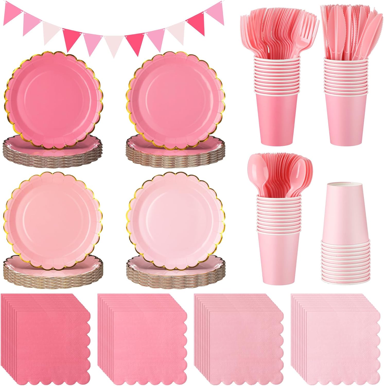 Vesici 289 Pcs Pink Paper Plates and Napkins Party Supplies Disposable Pink Scalloped Plates Napkins Cups Cutlery Triangle Banner Dinnerware Set for 48 Guests Wedding, Baby Shower Birthday Valentines