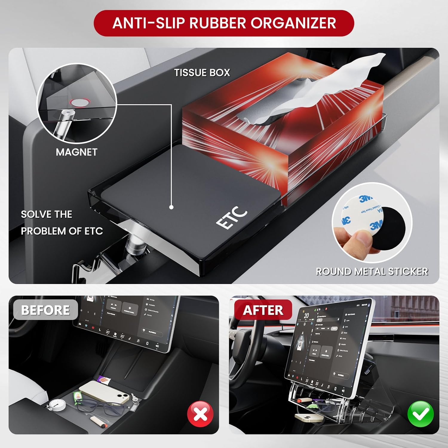 Hideable Under Screen Storage Organizer Compatible with Tesla Model Y Juniper 2025 2026/Model 3 Highland 2025-2024 Accessories Black (Not for Model Y 2020-2024/Model 3 2017-2023)