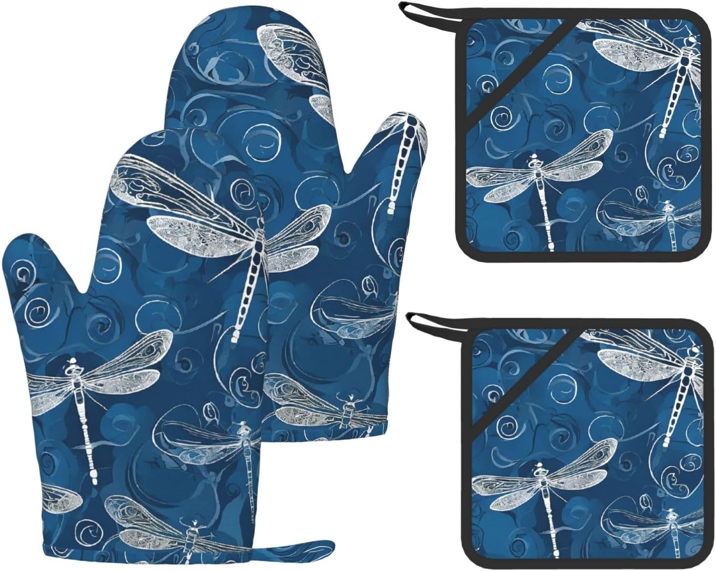 Blue Dragonfly 4pcs Oven Mitts and Pot Holders Sets for Kitchen, Silicone Oven Gloves Non-Slip Potholders Hot Pads for Baking Cooking