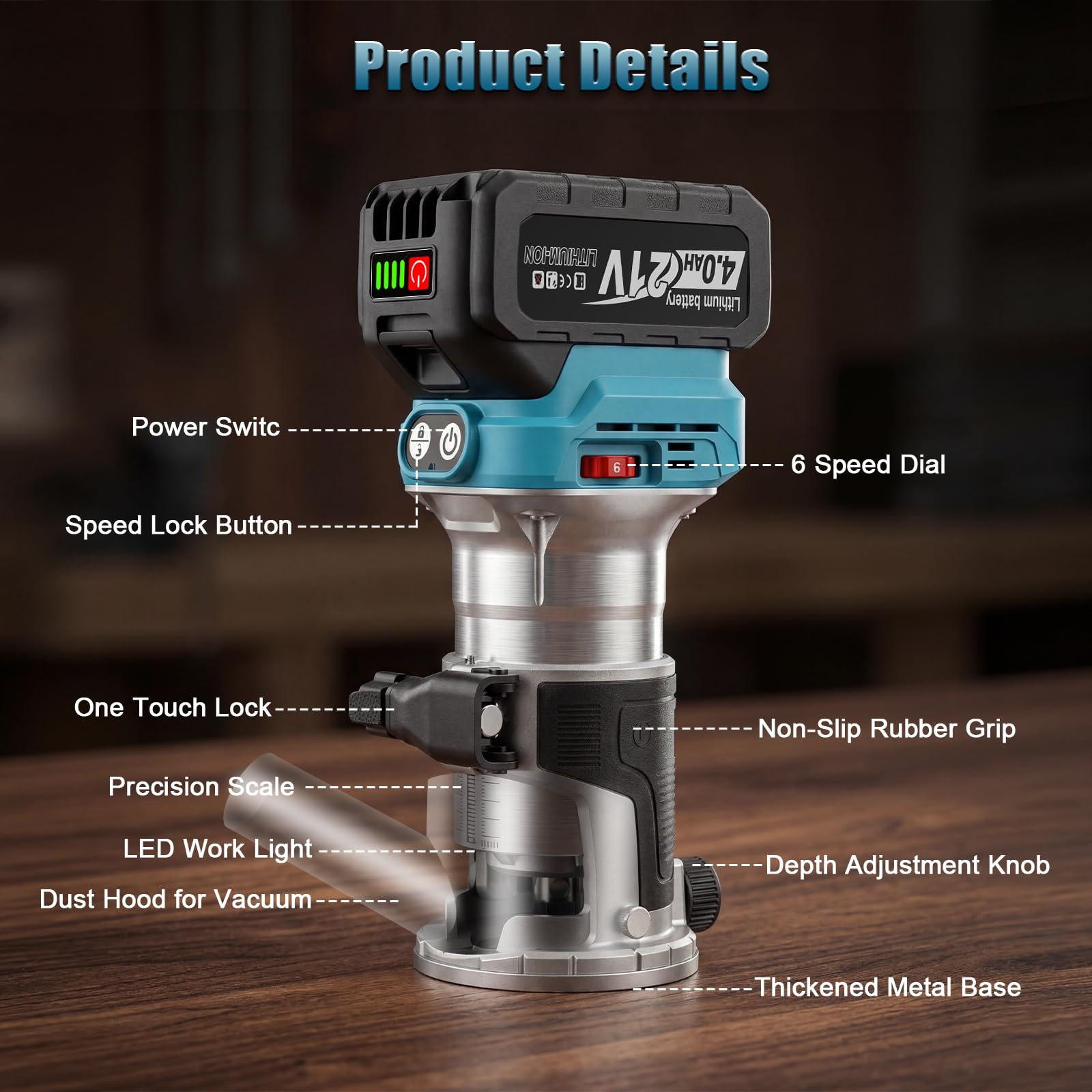 Yofuly Fresadora para Madera Compatible con Baterías Makita de 18V, Rebajadora Eléctrica con 2 Baterías de 4,0Ah | 6 Velocidades | 28000 RPM, Fresadora de Mano 6 Fresas de 6,35mm para Carpintería