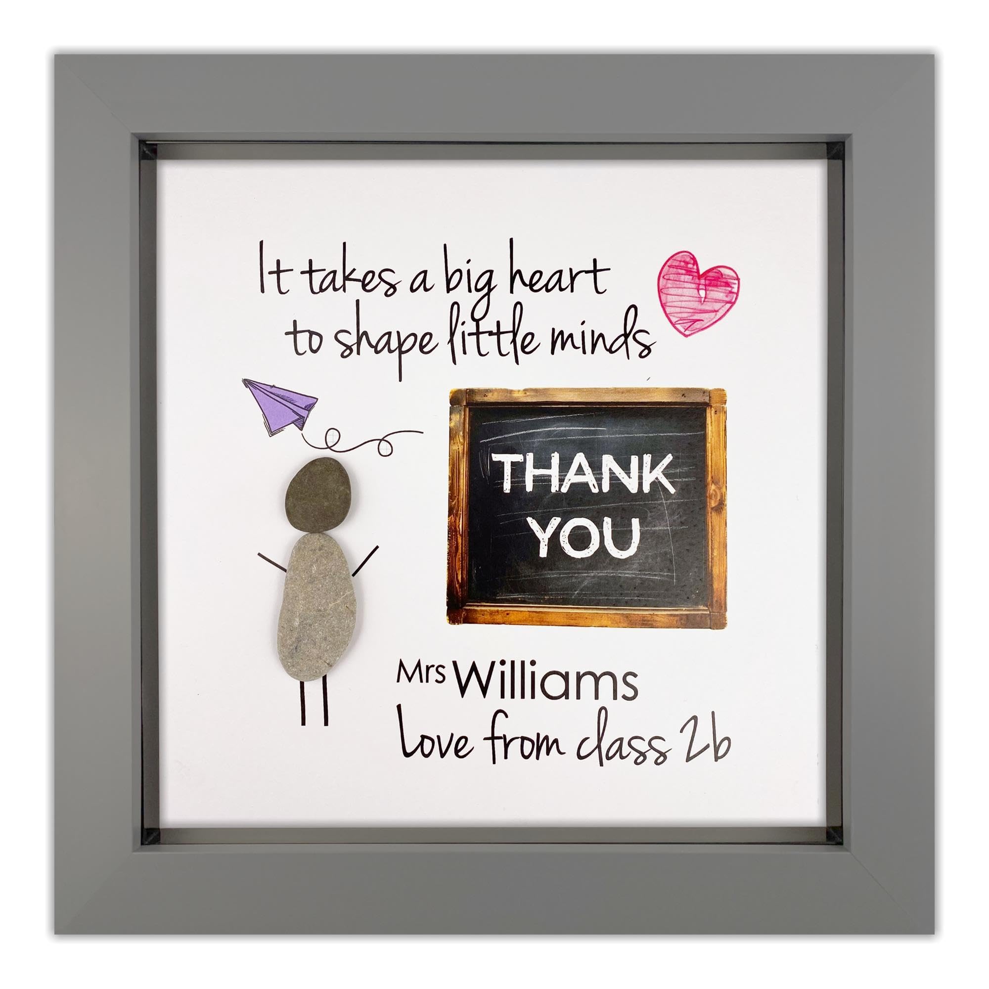 Handmade Thank You Teacher Pebble Picture Gift, Fully Personalised, 8 Inch Frame, End of Year Present, Teacher and Pupil (Grey Frame)