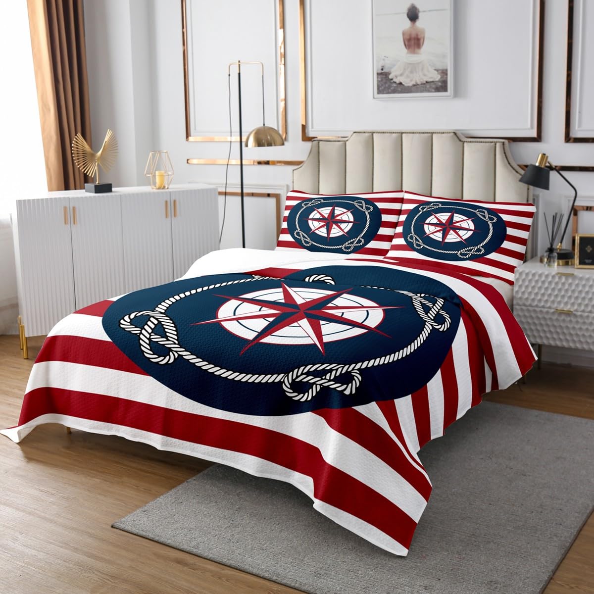 Juego de colcha con brújula para niños, tamaño King, diseño de pirata, mar, aventura, ancla marina, colcha acolchada para mujeres y hombres, decoración de habitación
