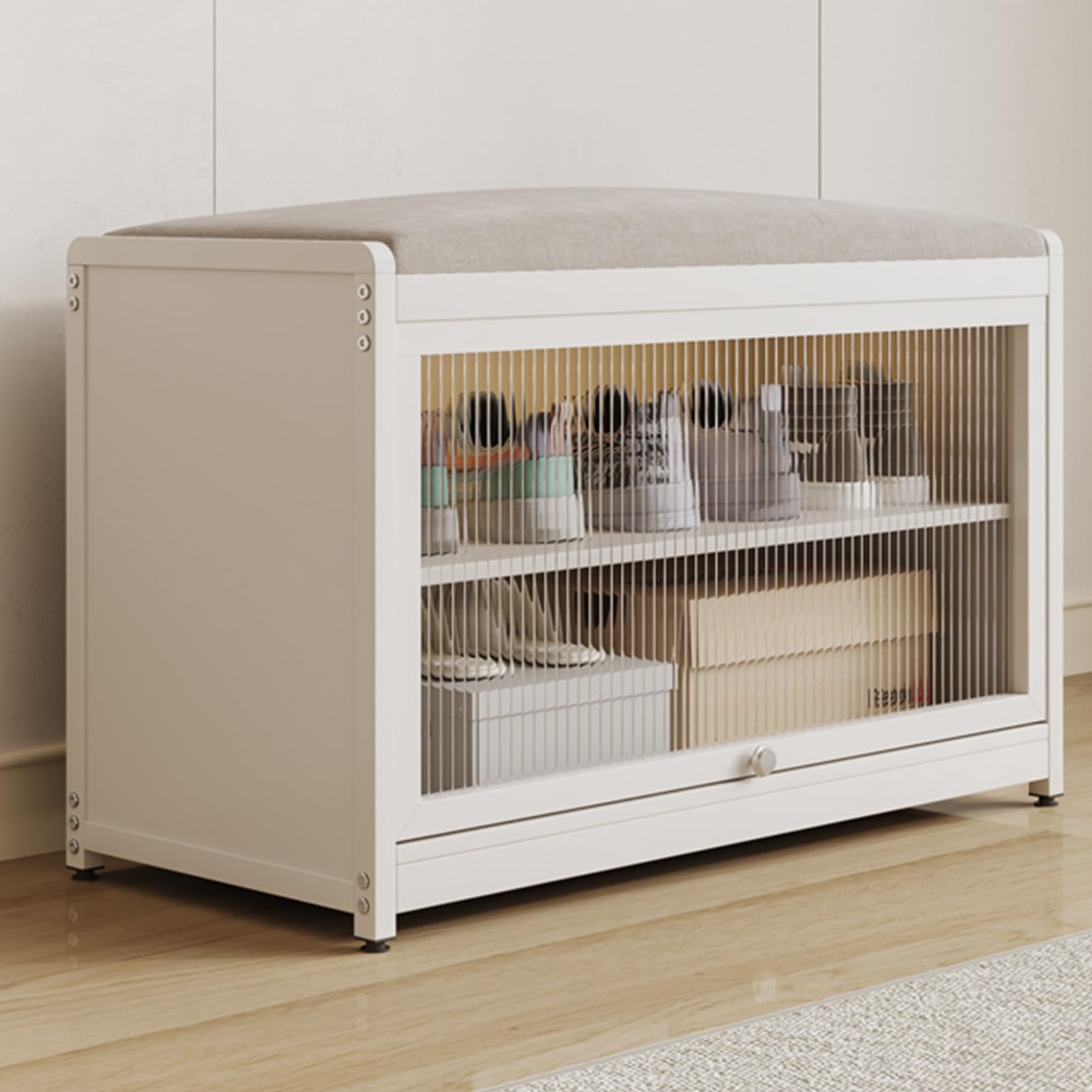 Banc à chaussures avec coussin haut de gamme et structure métal blanc