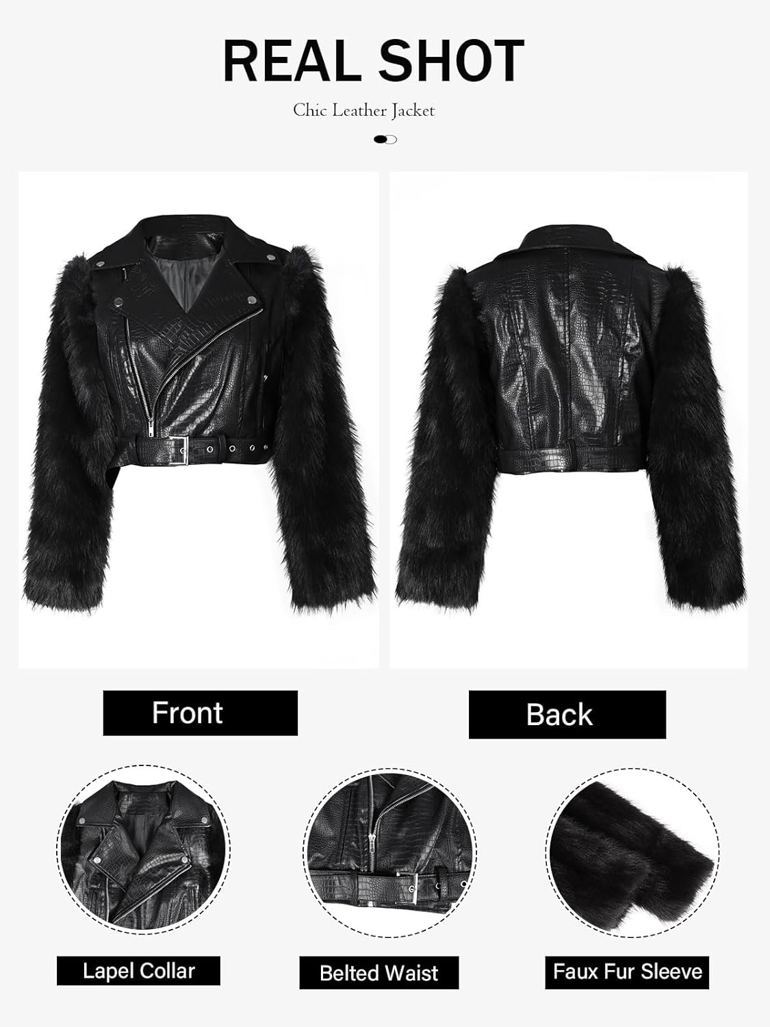 Akmipoem Leather Jacket Women Cropped PU Moto Coat Faux Fur Sleeve Short Biker Jackets Fall Winter Streetwear with Belt - Image 6