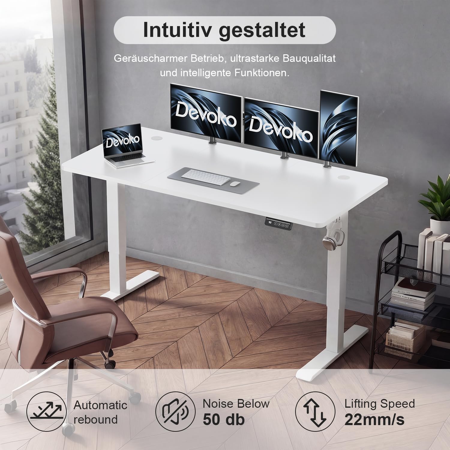 Devoko Elektrisch Höhenverstellbarer Schreibtisch 160 x 60 cm – Stabiler Stehschreibtisch ohne Wackeln, Leise Höhenverstellung für Home Office, 71–119 cm, 2-Memory-Funktion Computertisch, Weiß