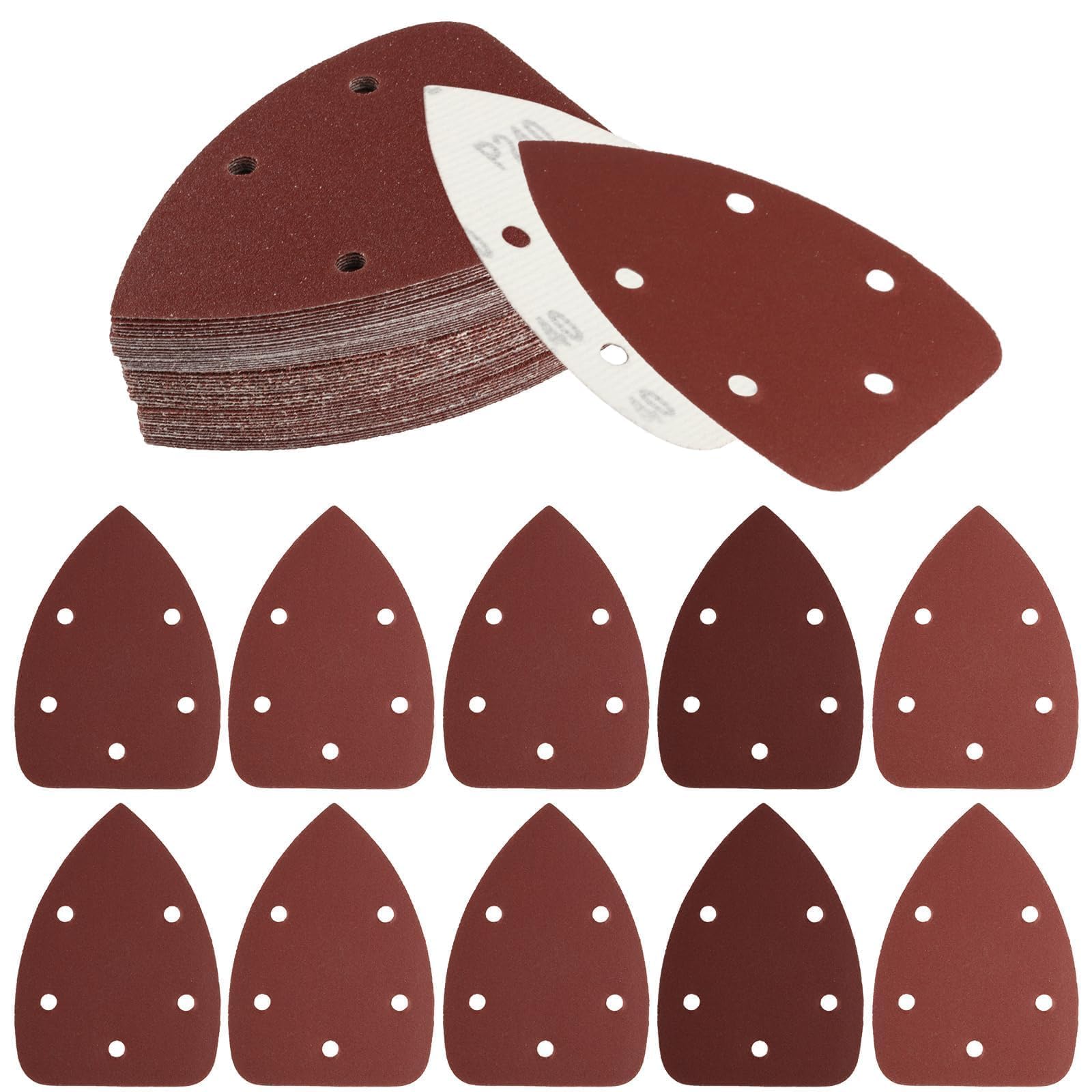 Papier de Verre Triangles de Ponçage 60 Pièces, 5 Trous Feuilles Abrasives Grain P40/80/120/180/240/320 pour Ponceuse Triangulaire