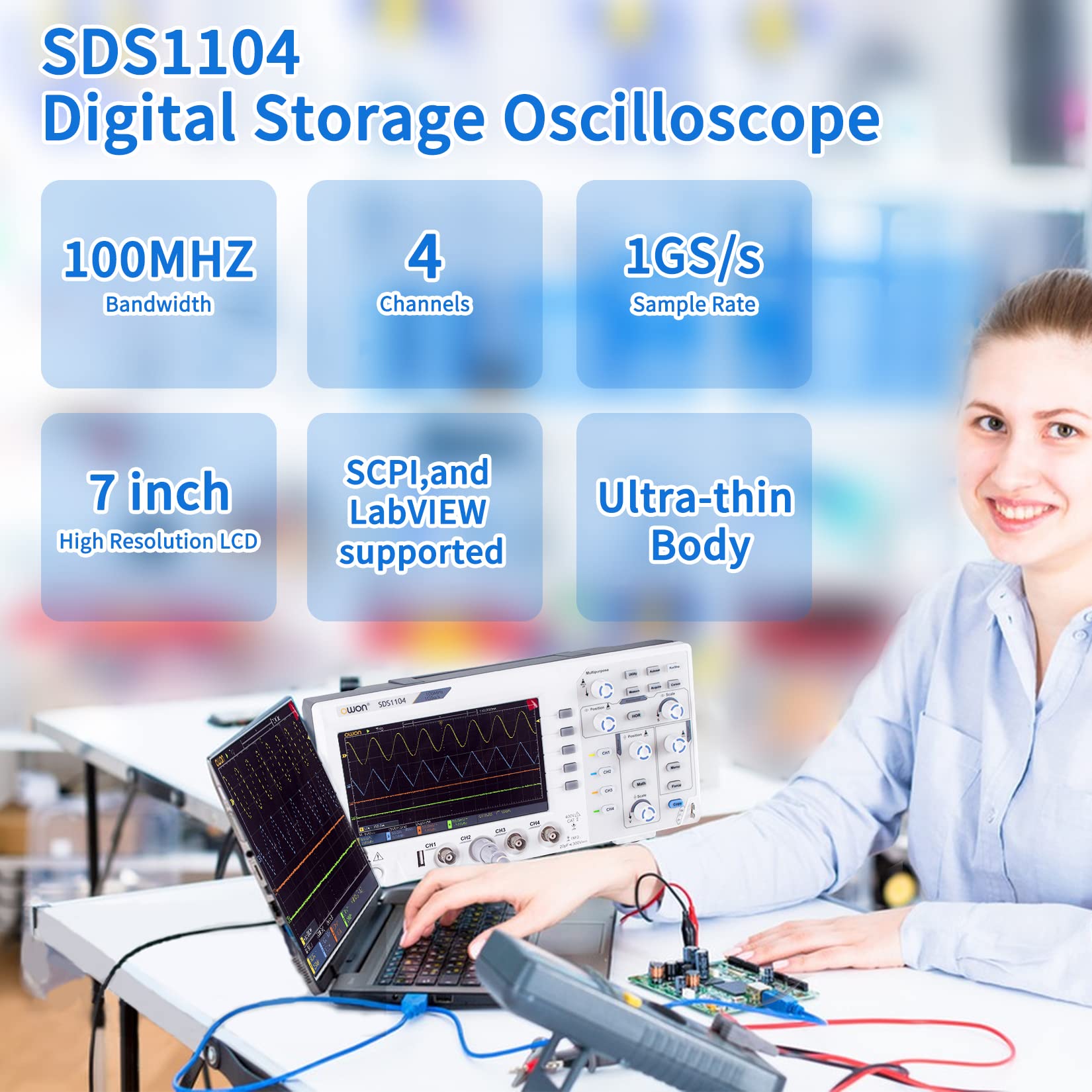 OWON SDS1104 Oscilloscopio digitale a 4 canali larghezza di banda 100 MHZ, frequenza di campionamento 1GS/s, corpo ultrasottile con LCD ad alta risoluzione da 7 pollici