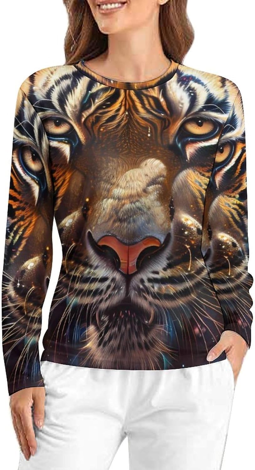 Galaxy Tiger Head Women's Pajama Top Sleepwear Pajamas Sleep T-Shirt Long Sleeve Shirt Crewneck Tee