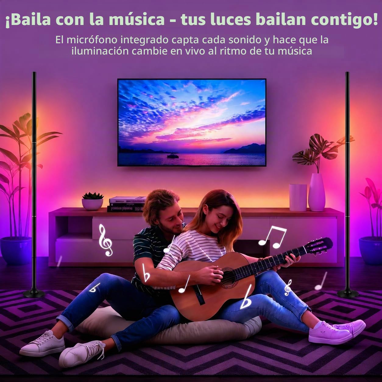Lámpara de Pie LED RGB, Regulable con Mando y App, 16M Colores y Sincronización Musical, 120 cm, Angular Desmontable