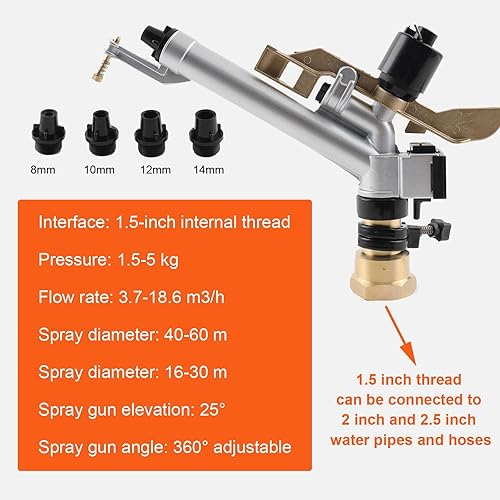 Miniatura 4 de Juego de boquillas de pulverización de pistola de agua ajustable de impacto 360 de 1.5 pulgadas, gran área de jardín, granja, césped