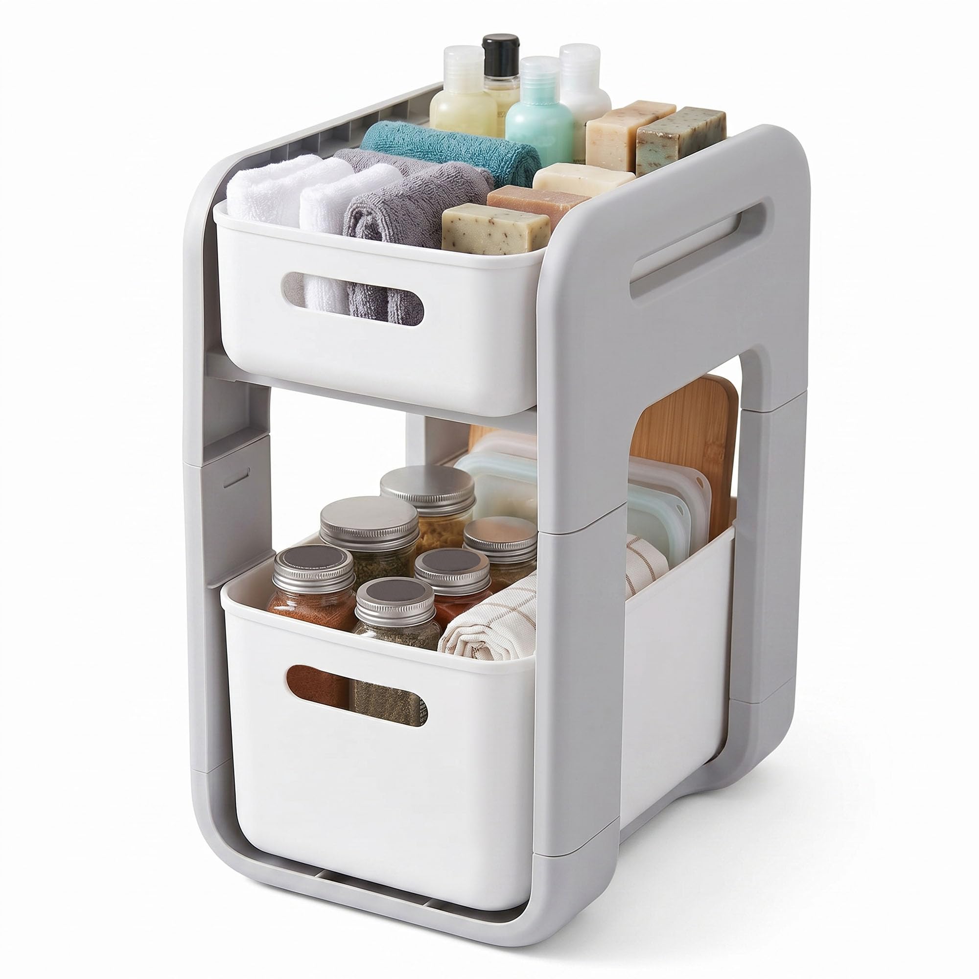 EcoFirst 2 Tier Under Sink Storage Organiser with Pull Out Sliding Baskets, Stackable Cabinet and Cupboard Shelf for Kitchen, Bathroom, Pantry and Laundry Room, Space Saving Rack - Grey/White, Tall