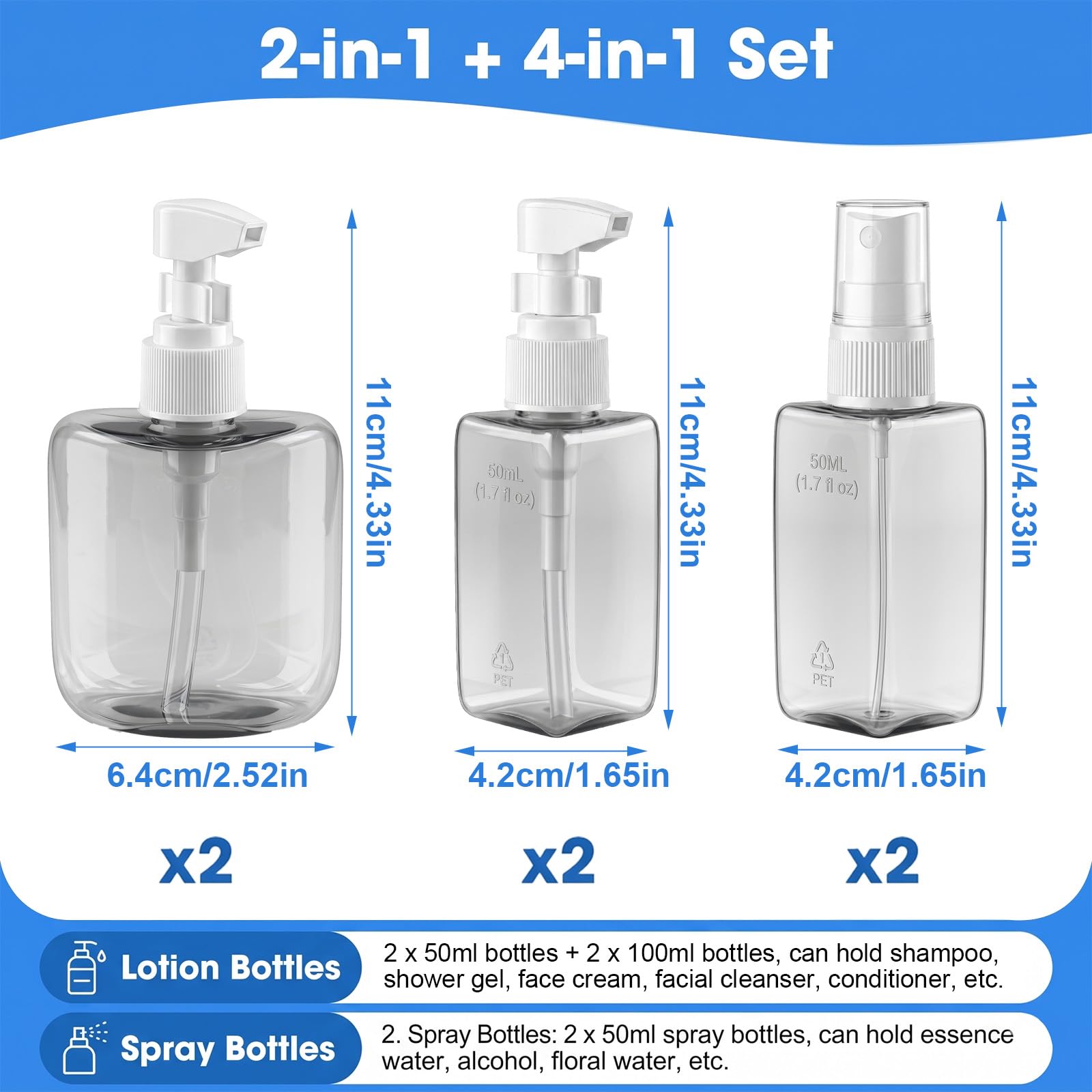 4-in-1 + 2-in-1 Reisespender Set, 4 x 50 ml /2 x 100 ml Dunkle Reiseflaschen zum Befüllen, inkl. 4 Pumpspender + 2 Sprühflasche, Auslaufsicher für Shampoo und Kosmetik, für Flugreisen Reise Büro