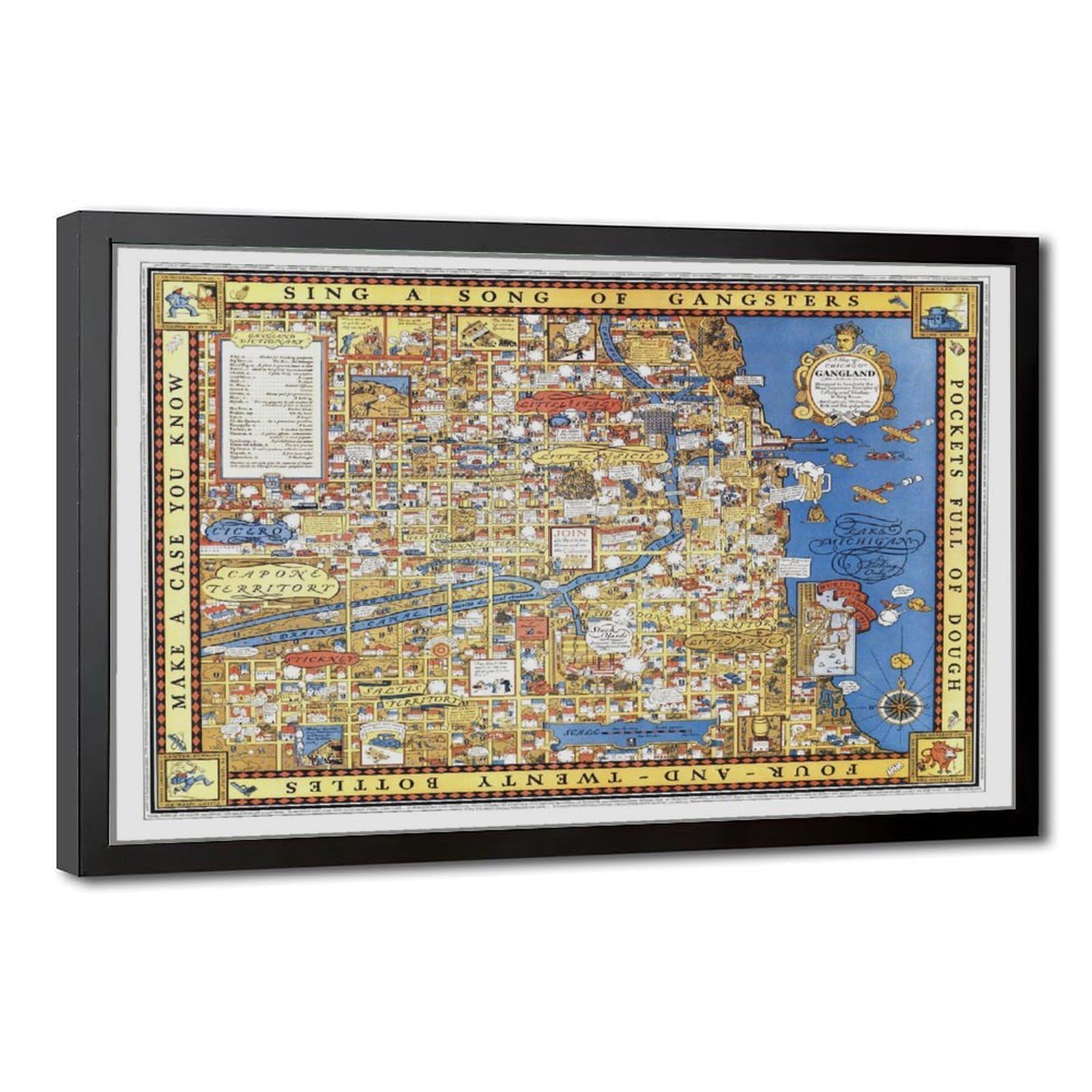 WCYB A Map of Chicago’s Gangland - Vintage Pictorial Gangster Map 1931 Prints Posters Canvas Deco Paintings Wall Art For Office Living Room Hangable Frame