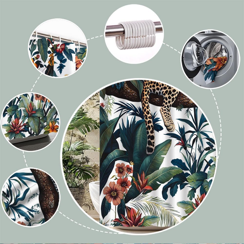 Tropical Jungle Leopard Shower Curtain Rainforest Parrot Exotic Floral Leaves Design with Big Cat Rustic Wildflower Wild Animals Bath Curtain Fabric Bathroom Accessories Decor with Hooks 70W x90L