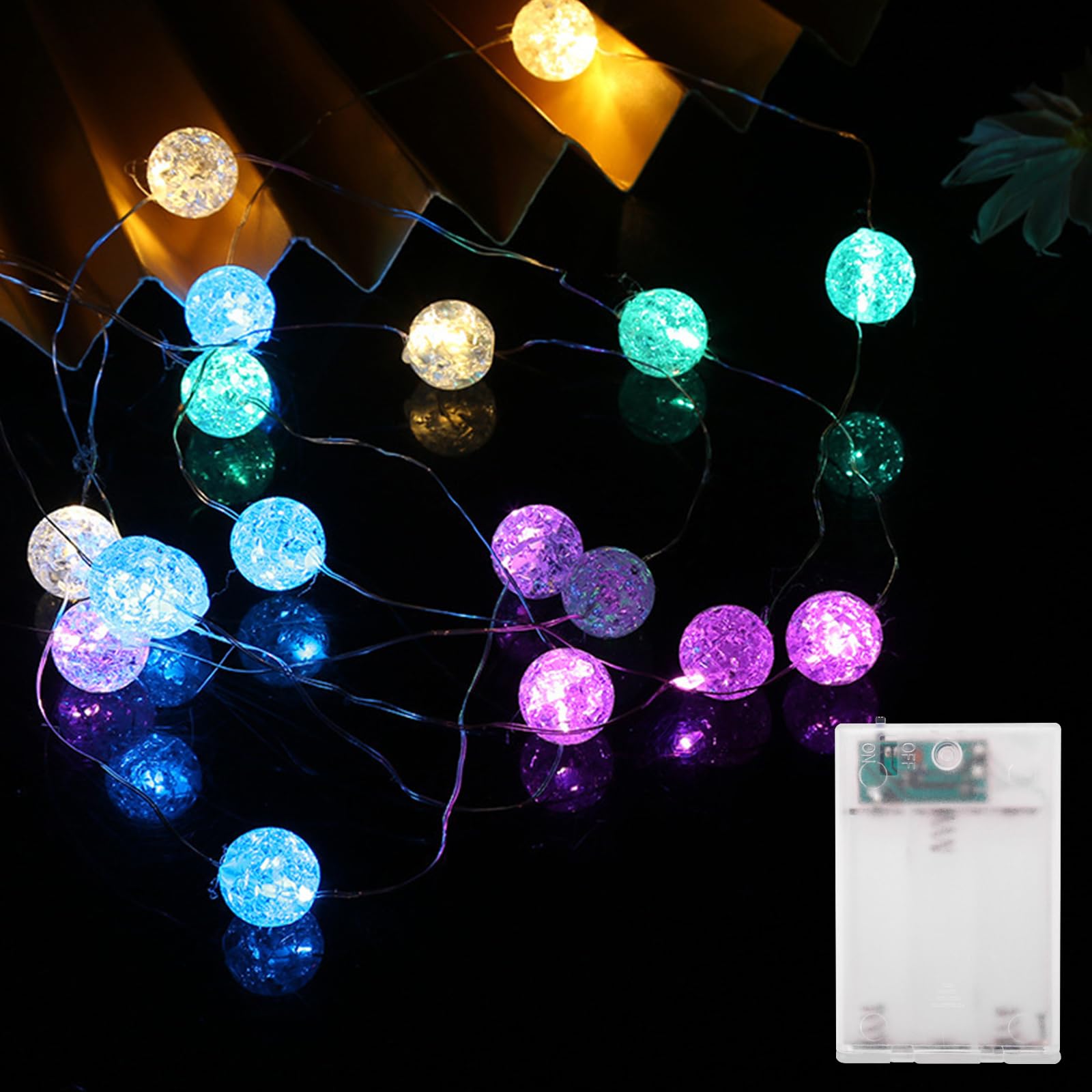 Kaleora Lichterkette Kristall Kugeln, 2M 20 LED Lichterkette Kristallkugeln Batteriebetrieben, Kristall Crackle Kugeln Lichterketten für Weihnachten, Geburtstag, Schlafzimmer, Party, Bunte