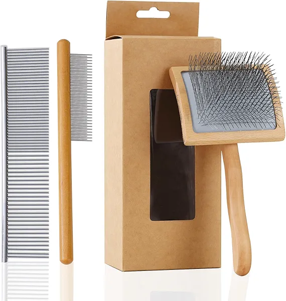 Werduoland Ergonomic Slicker Brush for Long-Haired Dogs - Wooden Handle, Long Pins for Grooming Goldendoodles